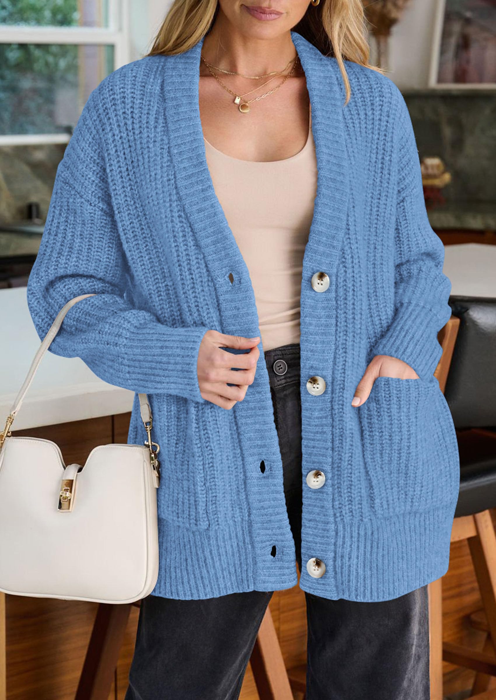 Oversized Cardigan Sweaters for Women Button Up,Light Blue,S