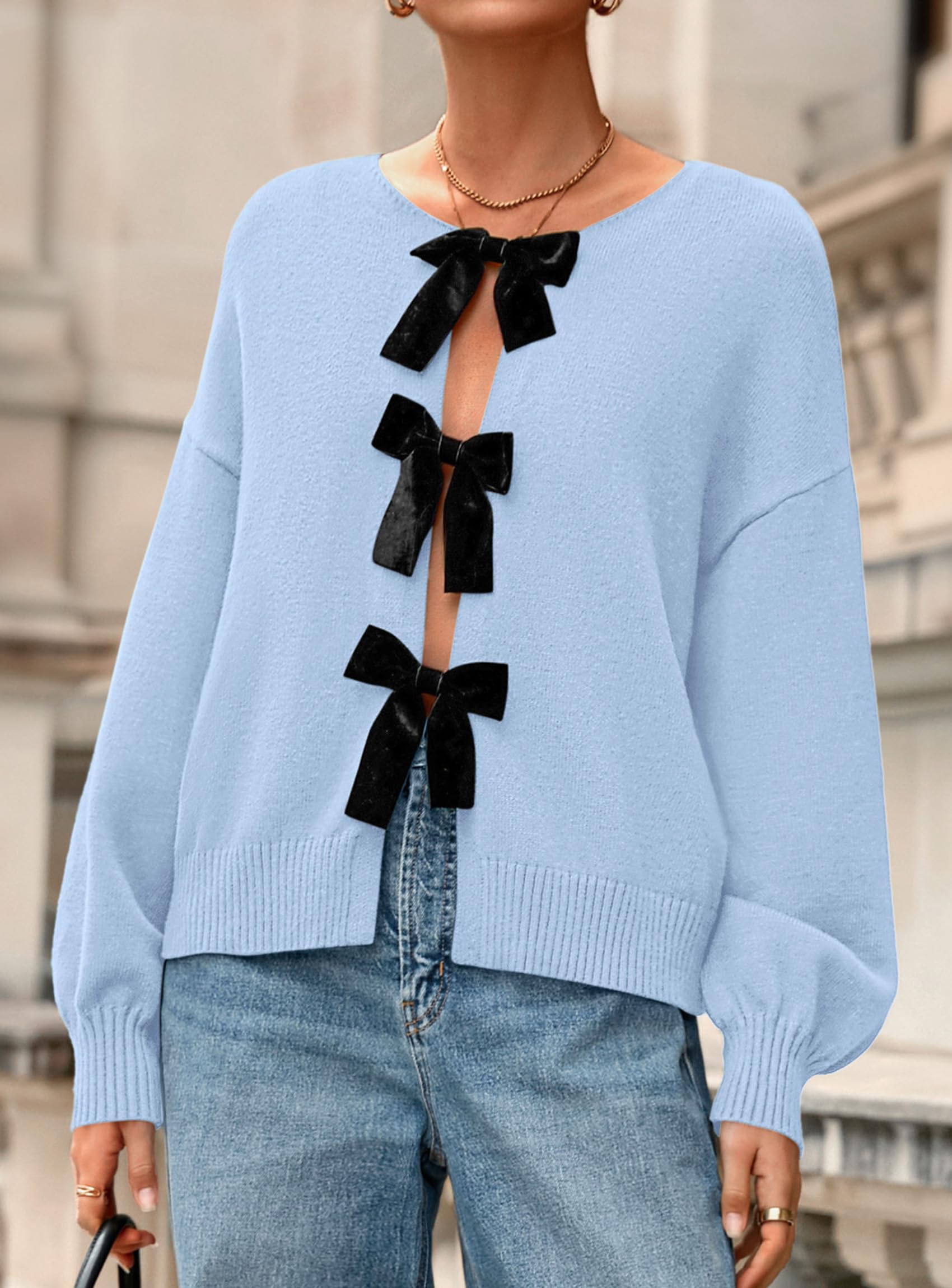 Women's Fall Bow Tie Front Cardigan Sweaters,Light Blue,XL
