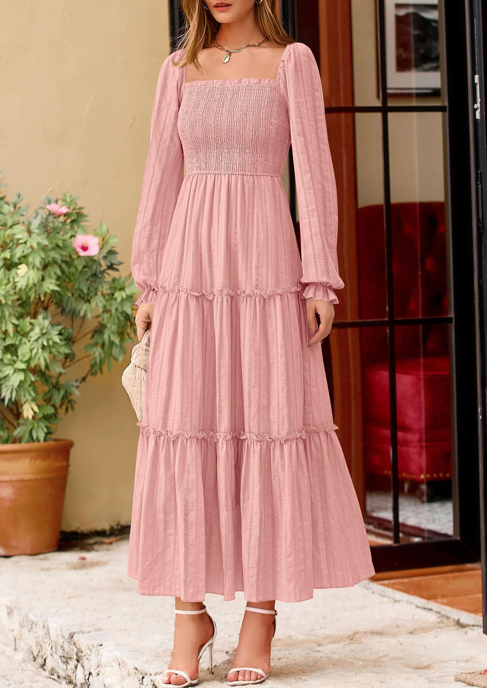 Women's Long Sleeve Ruffle Flowy Maxi Dress,Pink,S