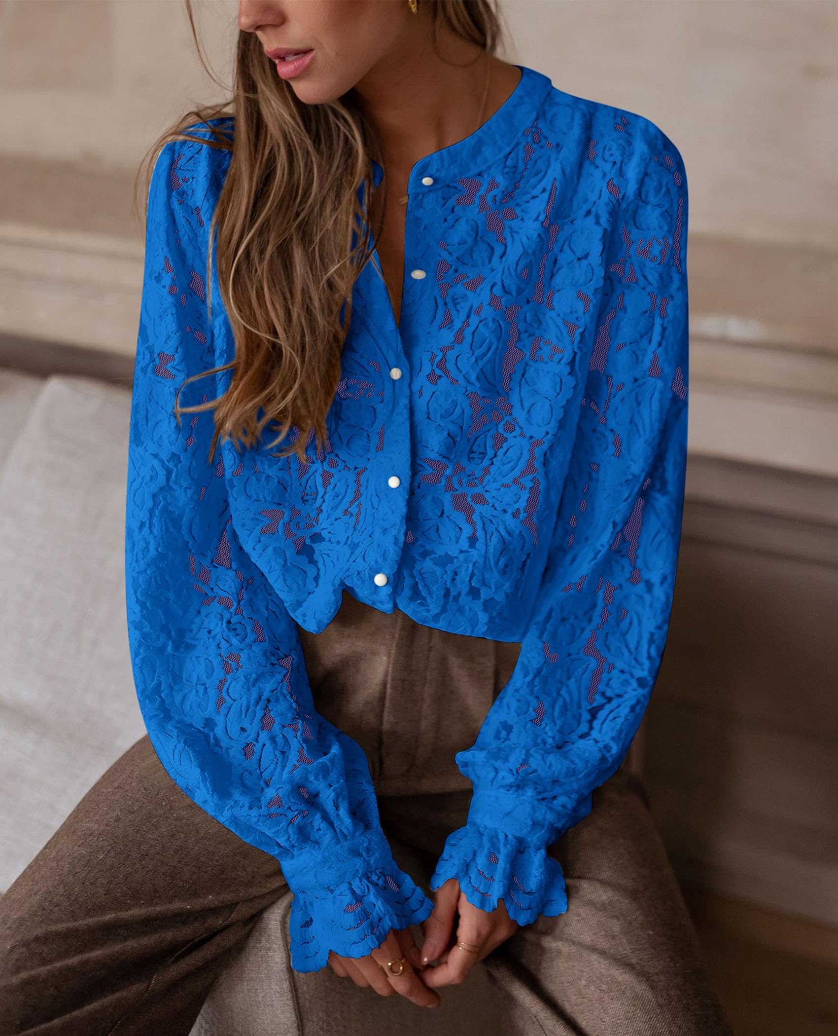 Women's Fall Trendy Long Sleeve Lace Tops(Blue,Small)