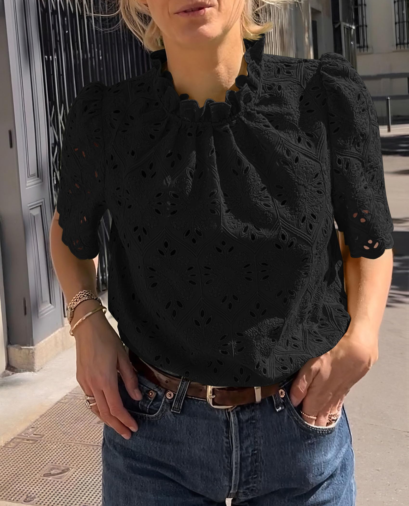 Women Summer Tops Eyelet Embroidered Shirts,Black,XS
