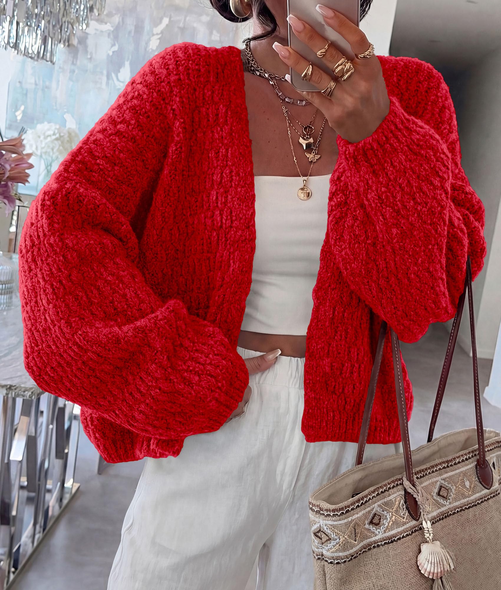 Women's Fall Cardigan Open Front Chunky Sweaters Red S
