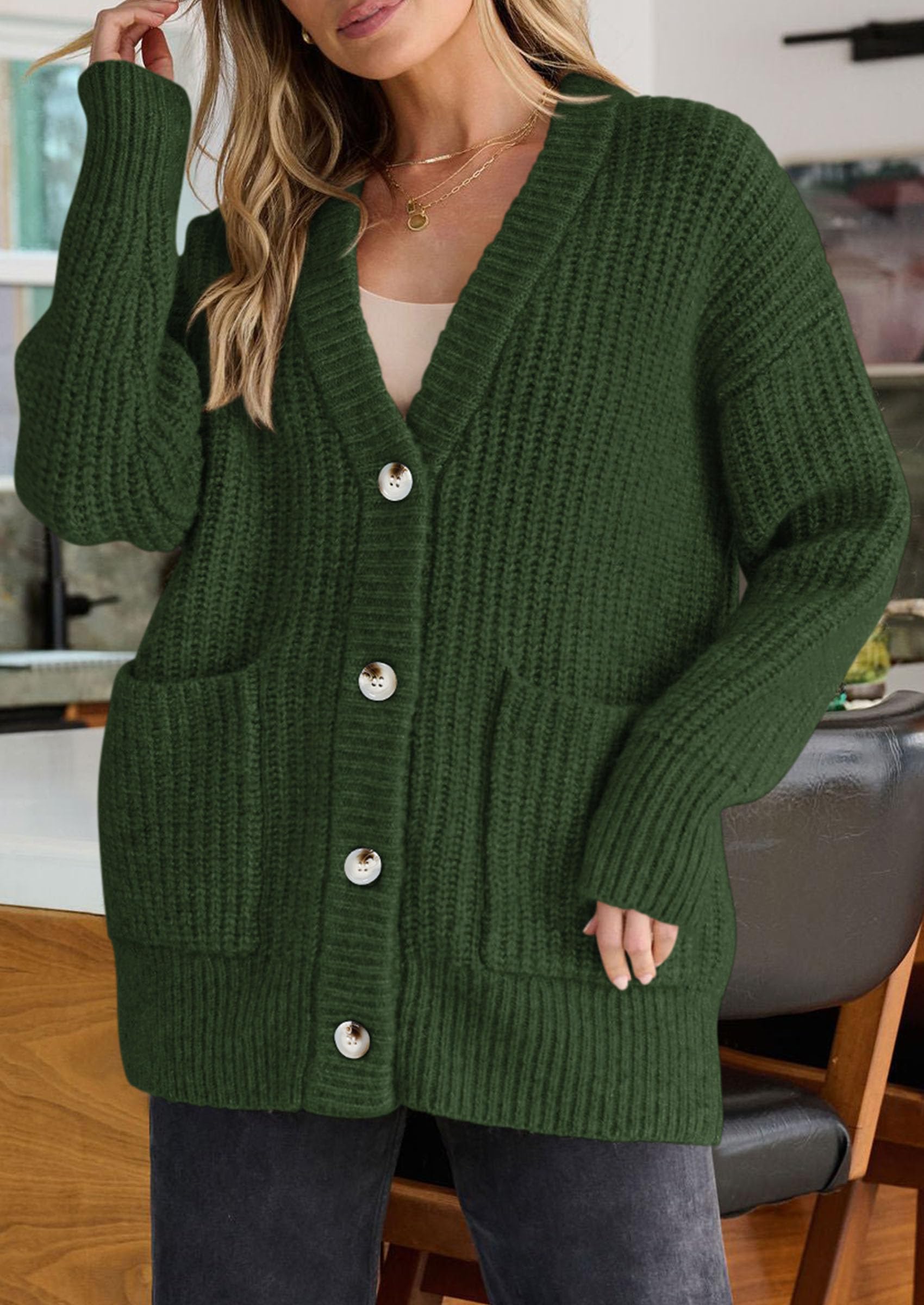 Oversized Cardigan Sweaters for Women Button Up,Army Green,S