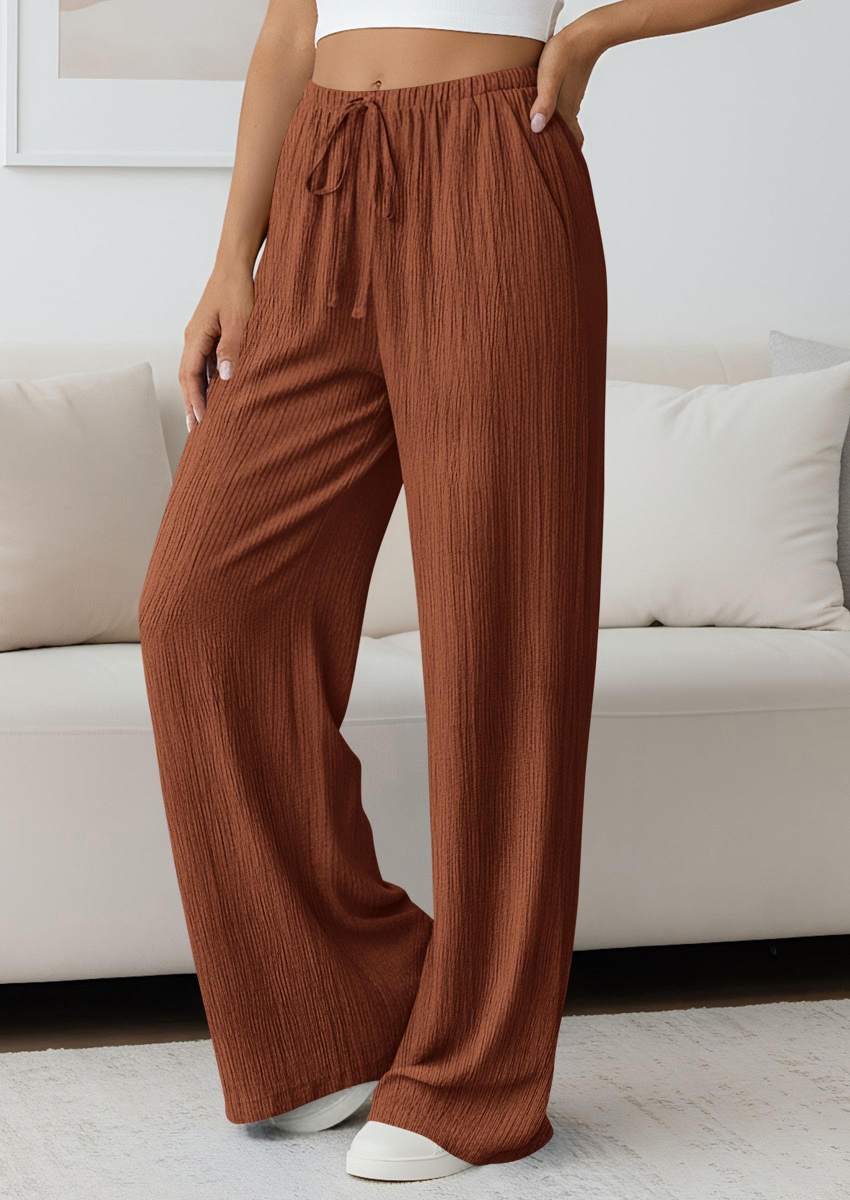 Women's Palazzo Pants Casual Wide Leg Trousers,Brick Red,S