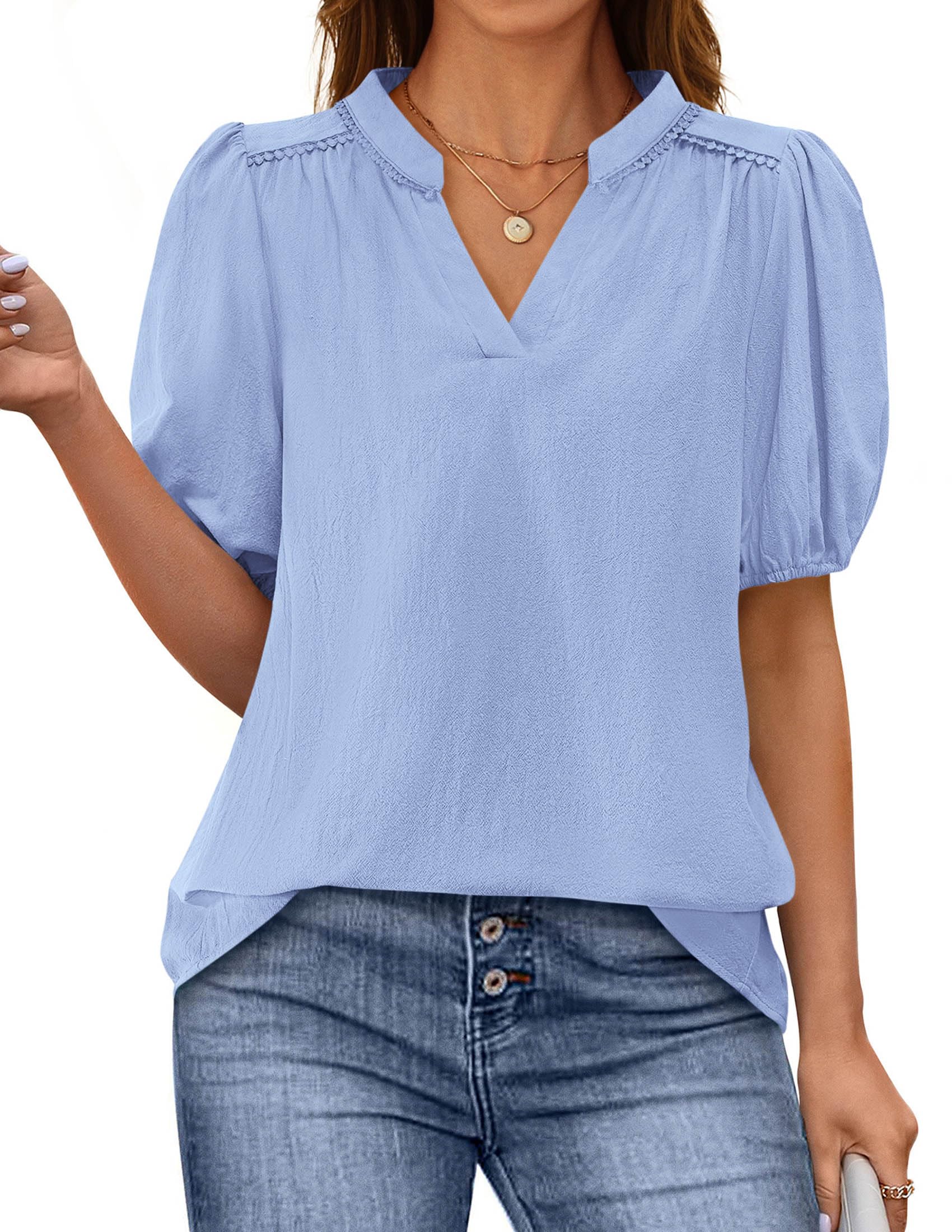 Womens Short Puff Sleeve V Neck Blouses,Sky Blue,S