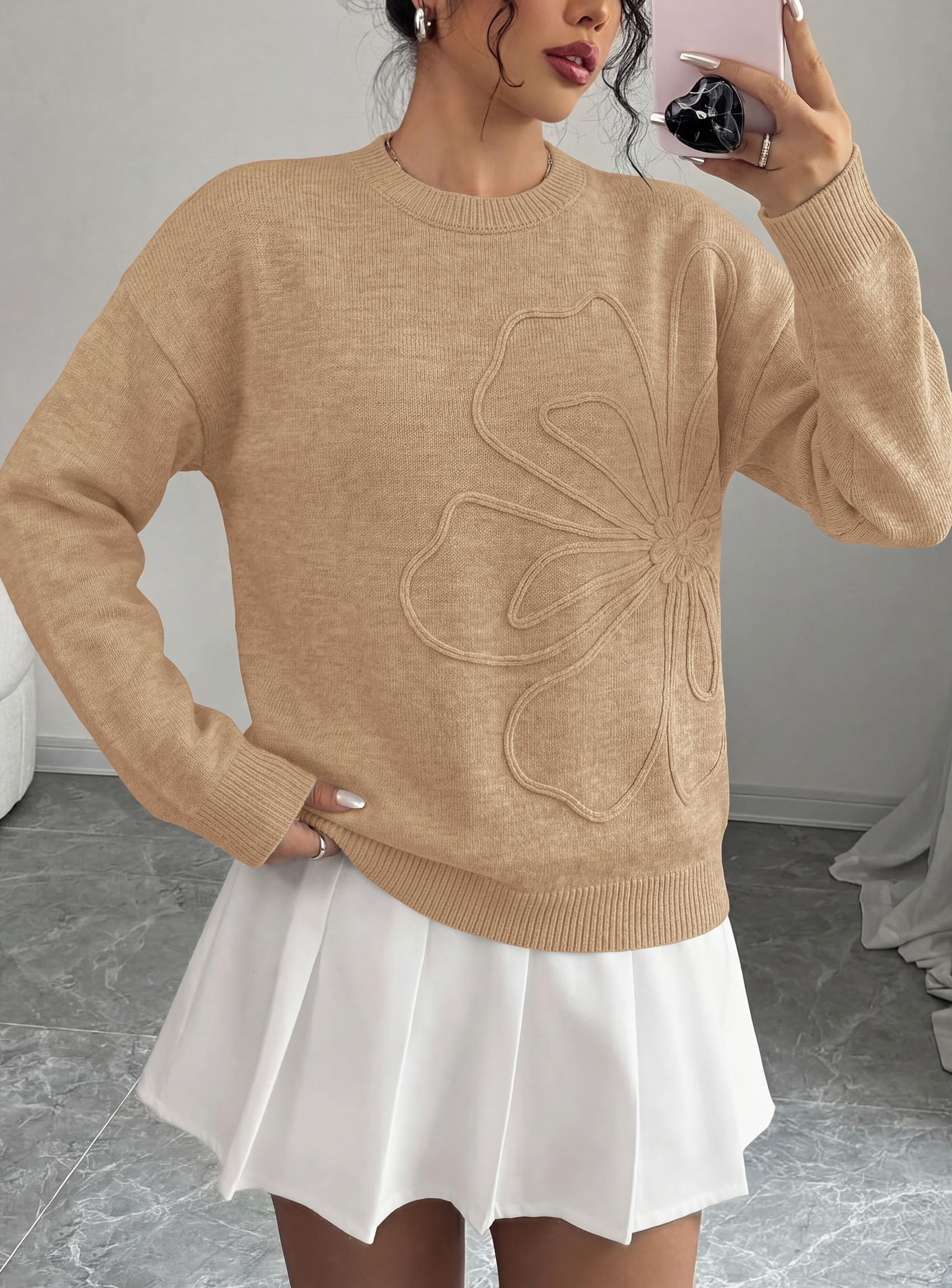 Sweaters for Women Fall Fashion Embroidered Floral Knit Tops