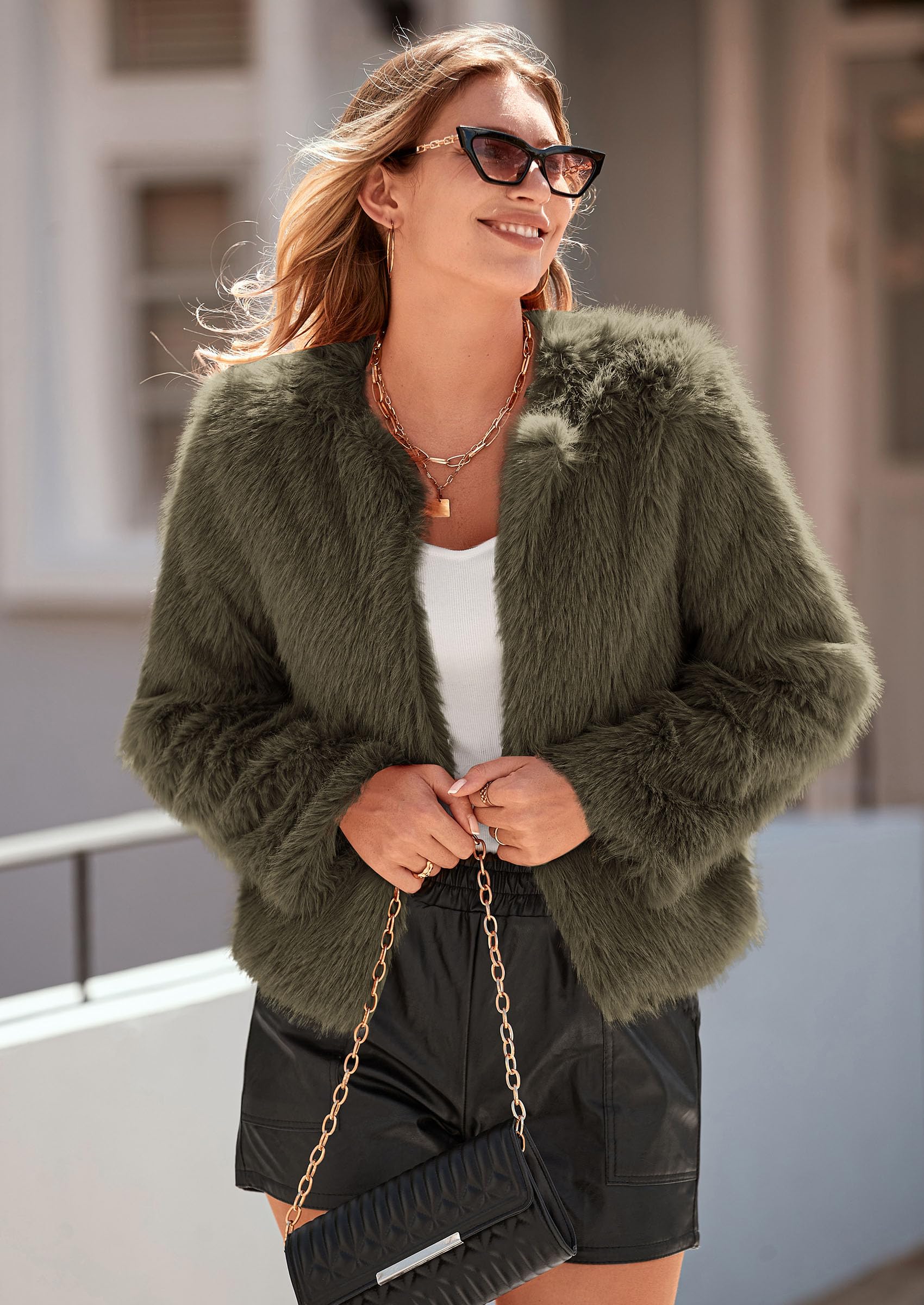 Women's Winter Cropped Faux Fur Coats(Army Green,Small)