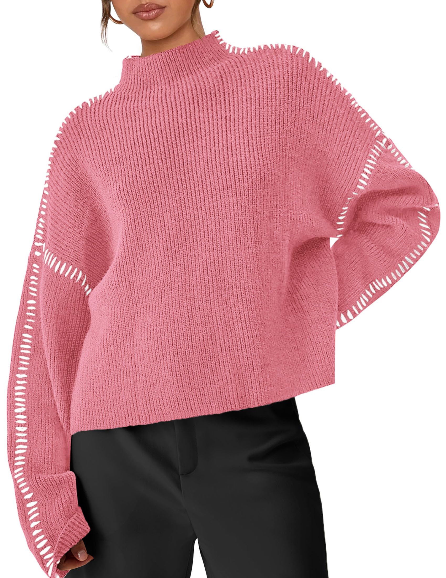 Womens Chunky Knit Oversized Pullover Sweaters,Dark Pink,S