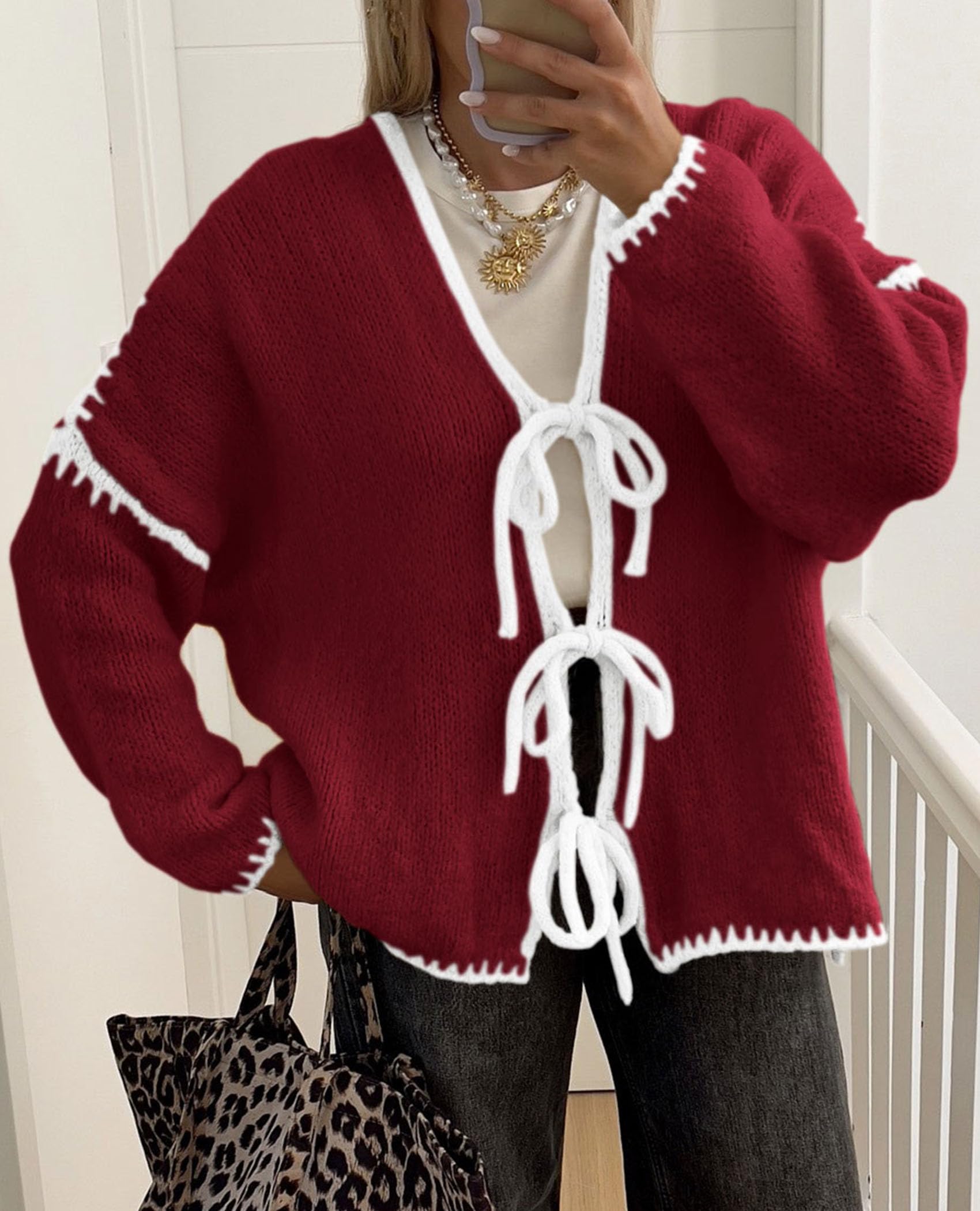 Women's Tie Front Bow Cardigan Sweaters(Wine Red White,Small)