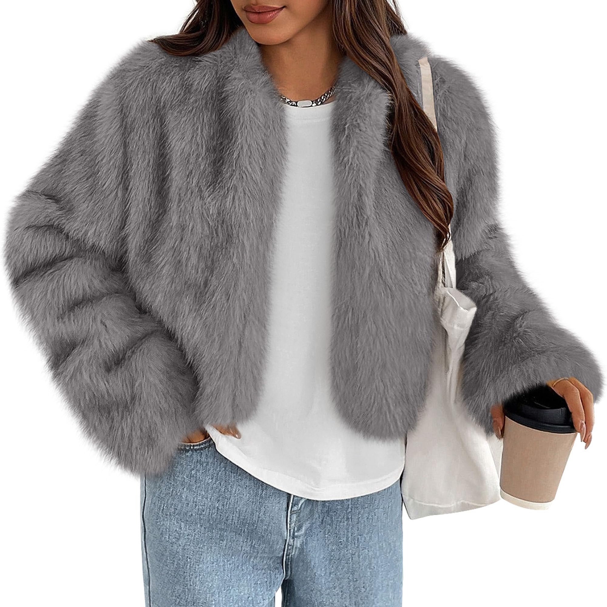 Womens Winter Coats Open Front Faux Fur Jacket,Grey,XXL