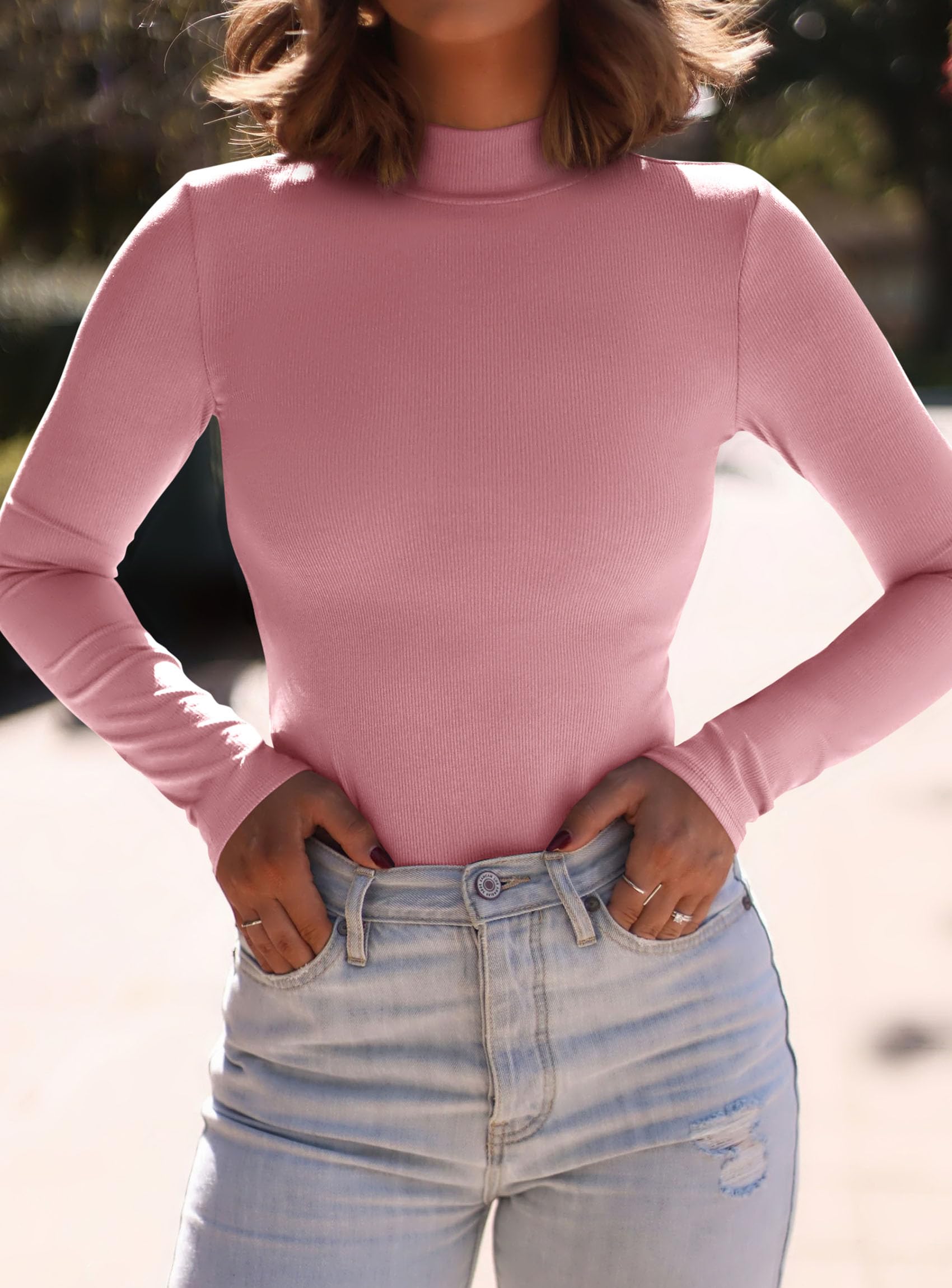 Womens Mock Turtleneck Fall Long Sleeve Shirts,Pink,XS