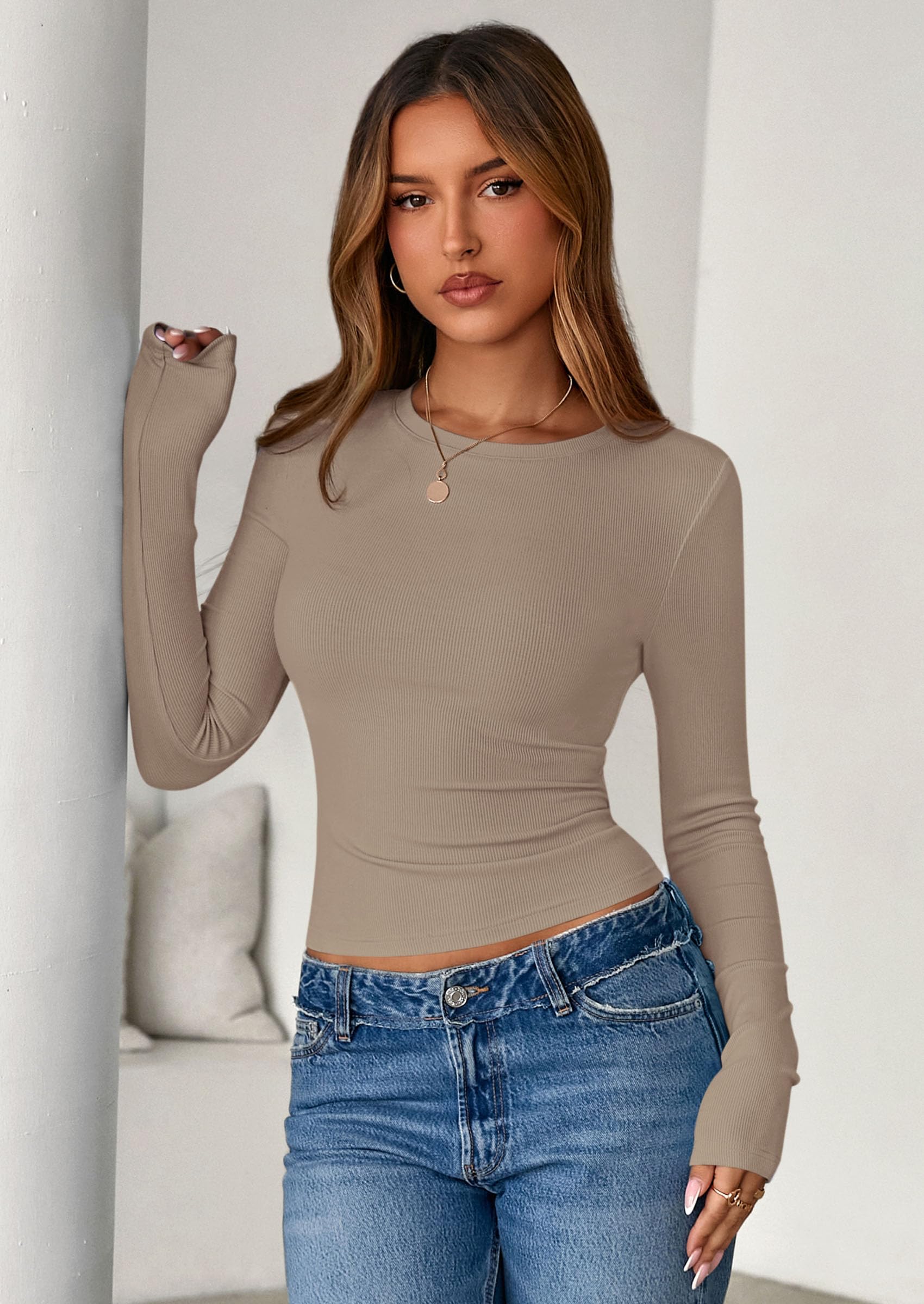 Women's Fall Long Sleeve Shirts Basic Tees (Light Khaki,S)