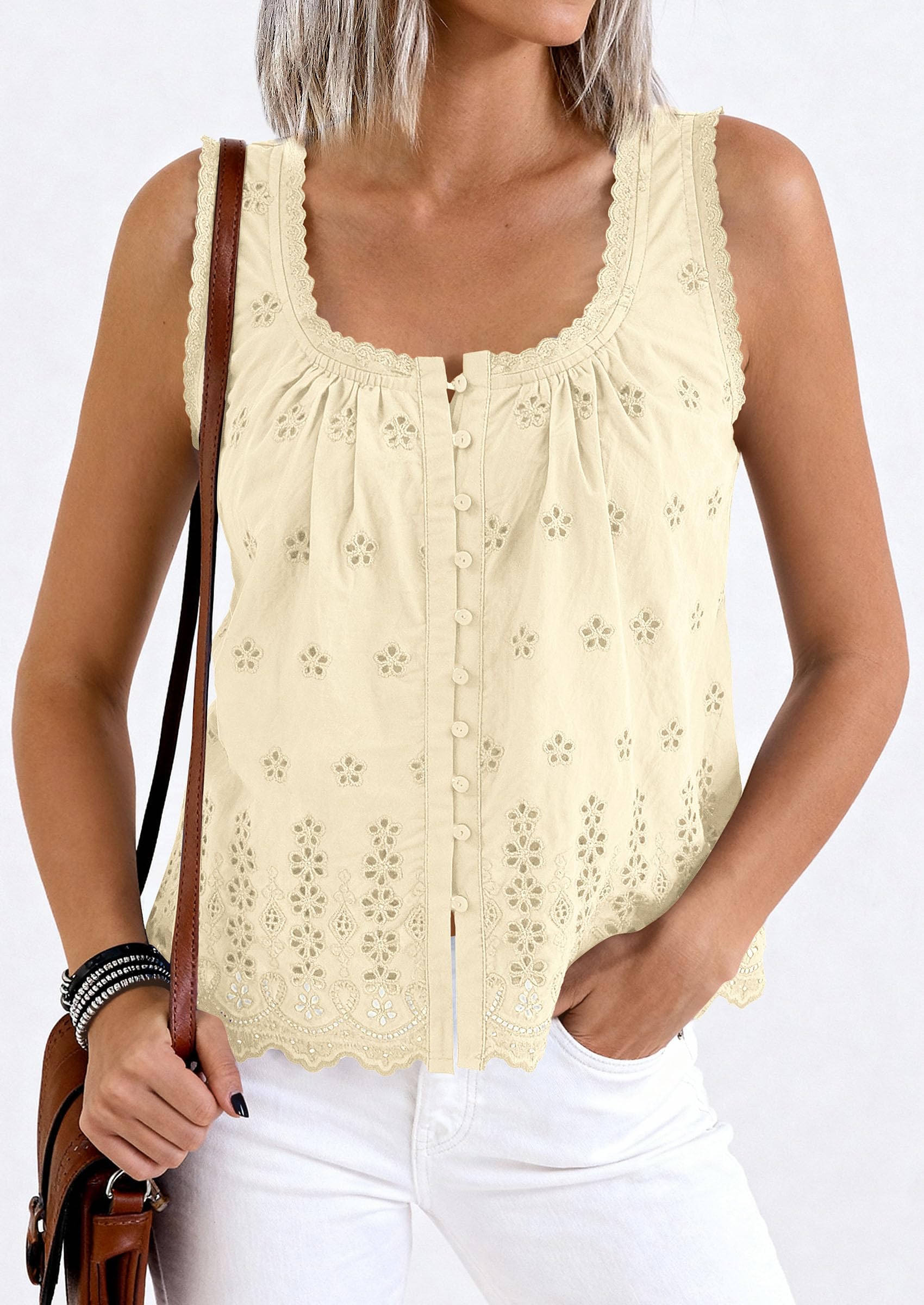 Women's Lace Tank Top Embroidery Eyelet Blouses,Beige,S