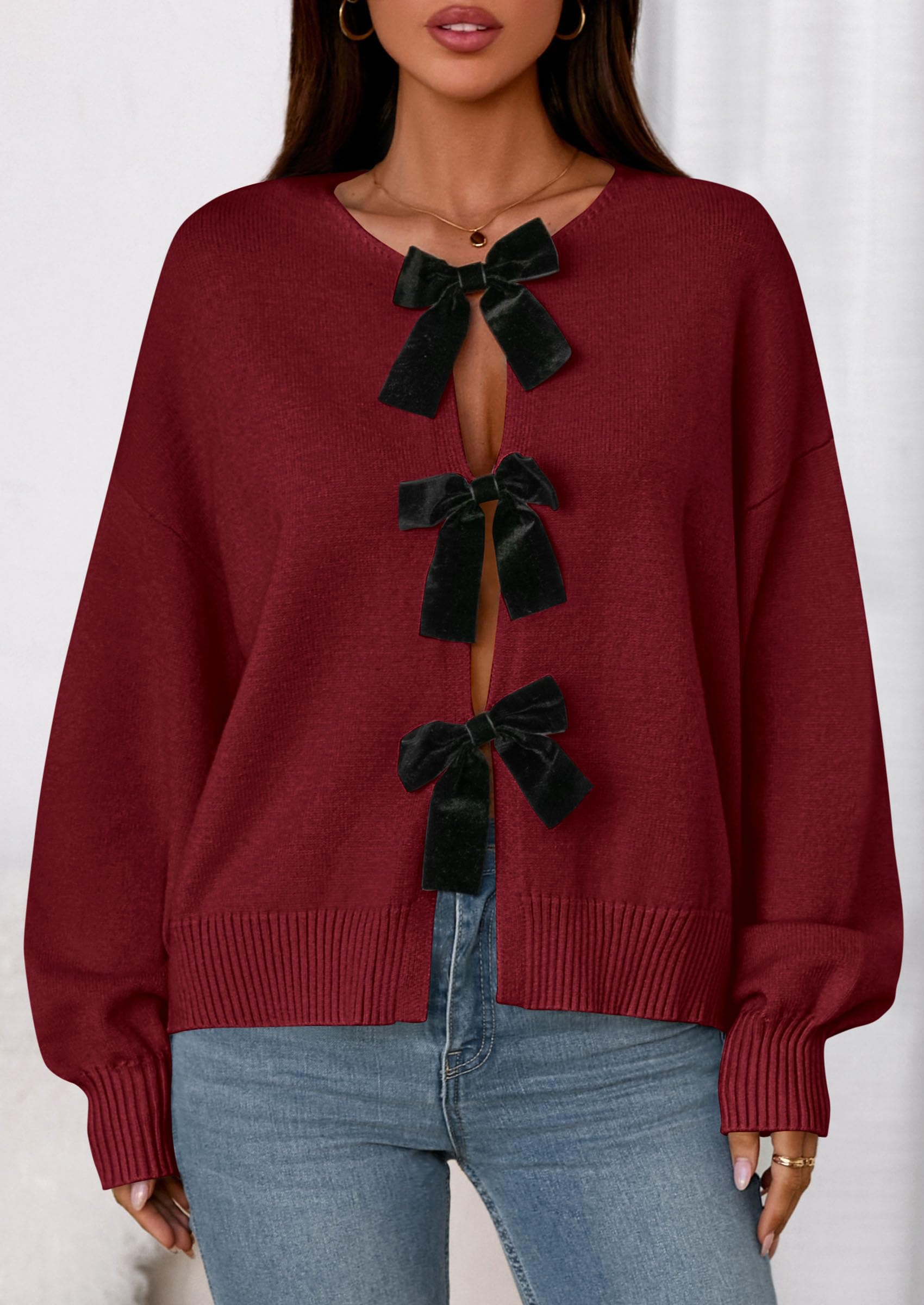 Women's Fall Bow Tie Front Cardigan Sweaters,Red,S