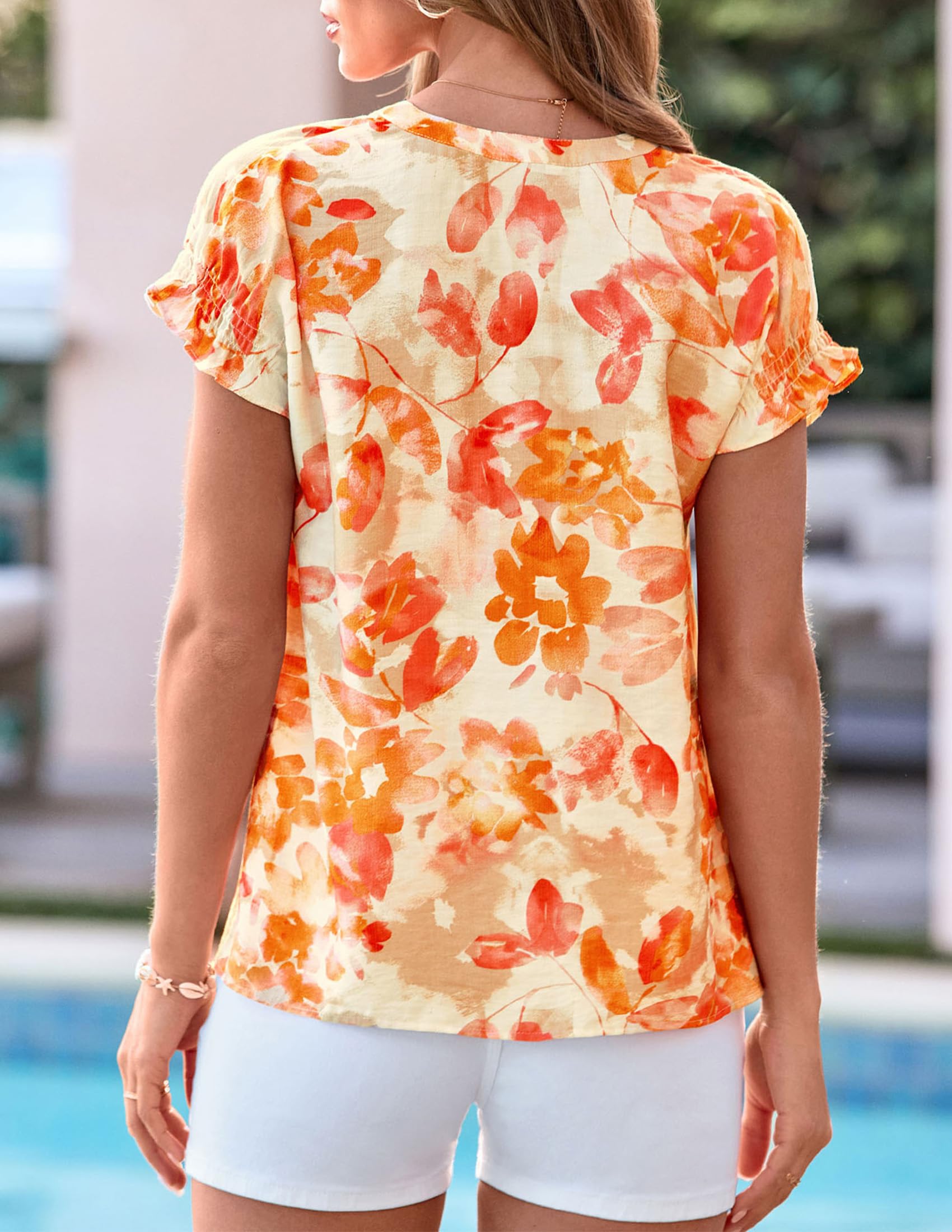 Womens Floral Short Sleeve Blouses,Orange,S