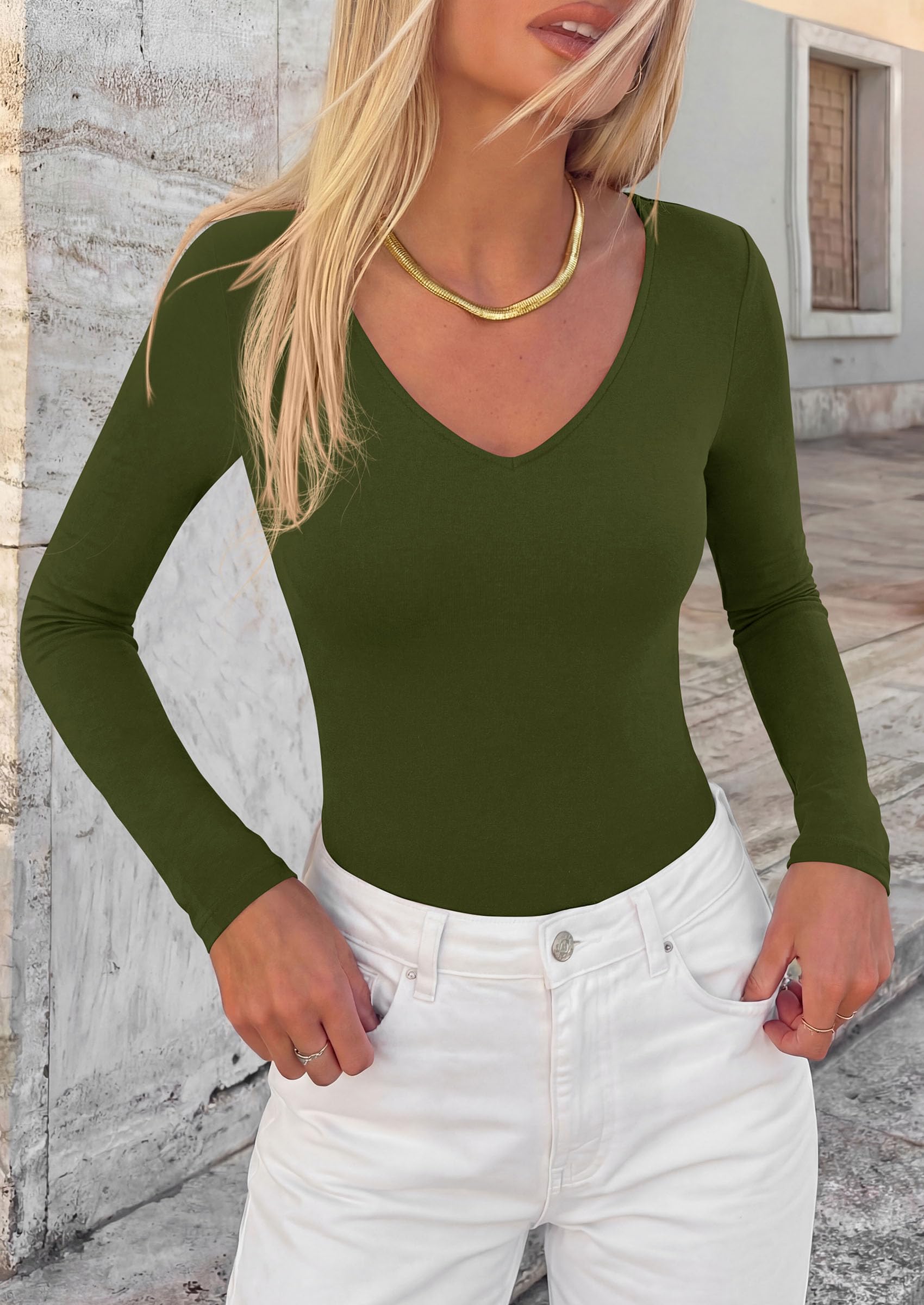 Women's V Neck Long Sleeve Bodysuits Tops (Army Green,XS)