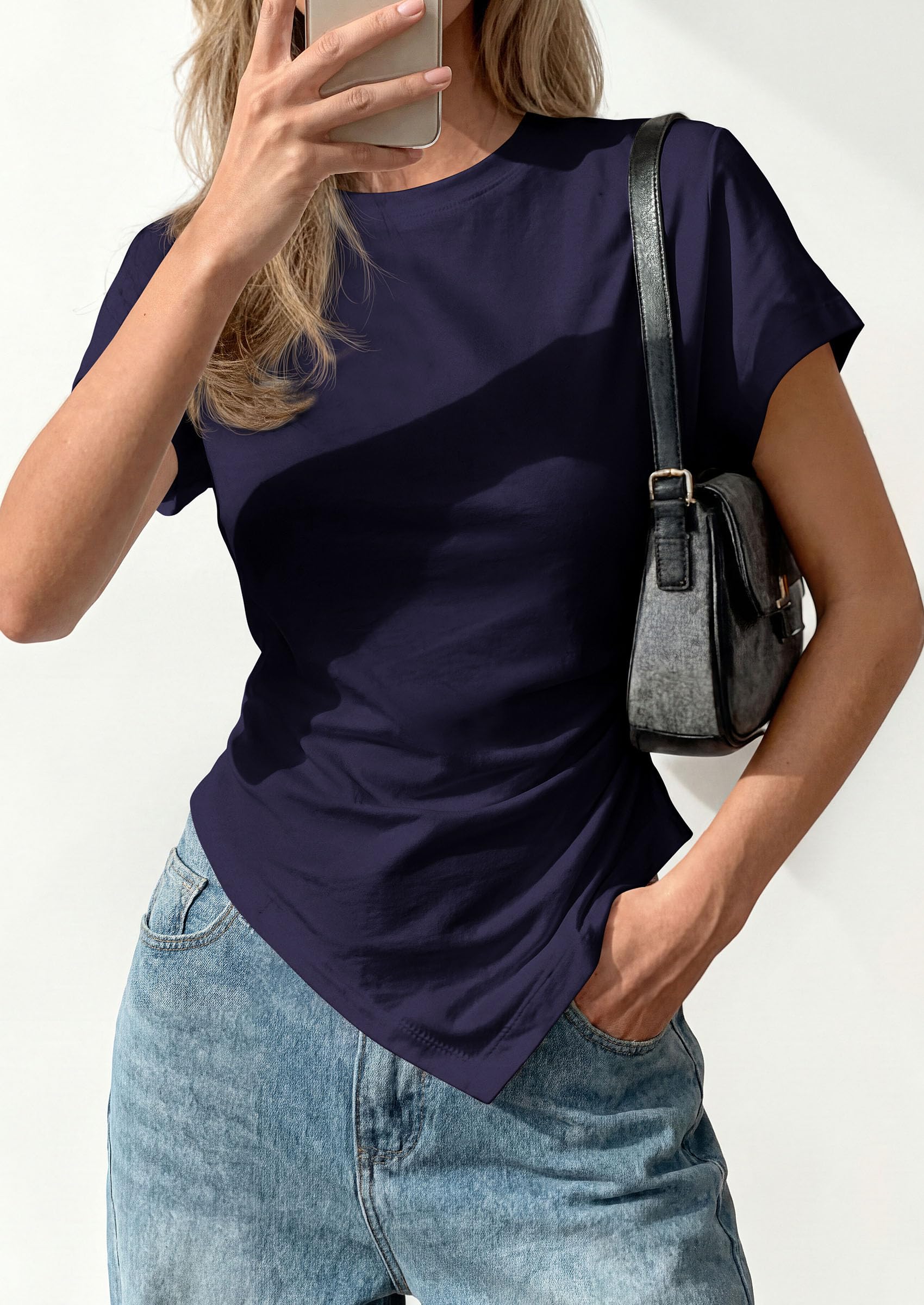 Womens Asymmetrical Summer Short Sleeve Tops,Navy,XS