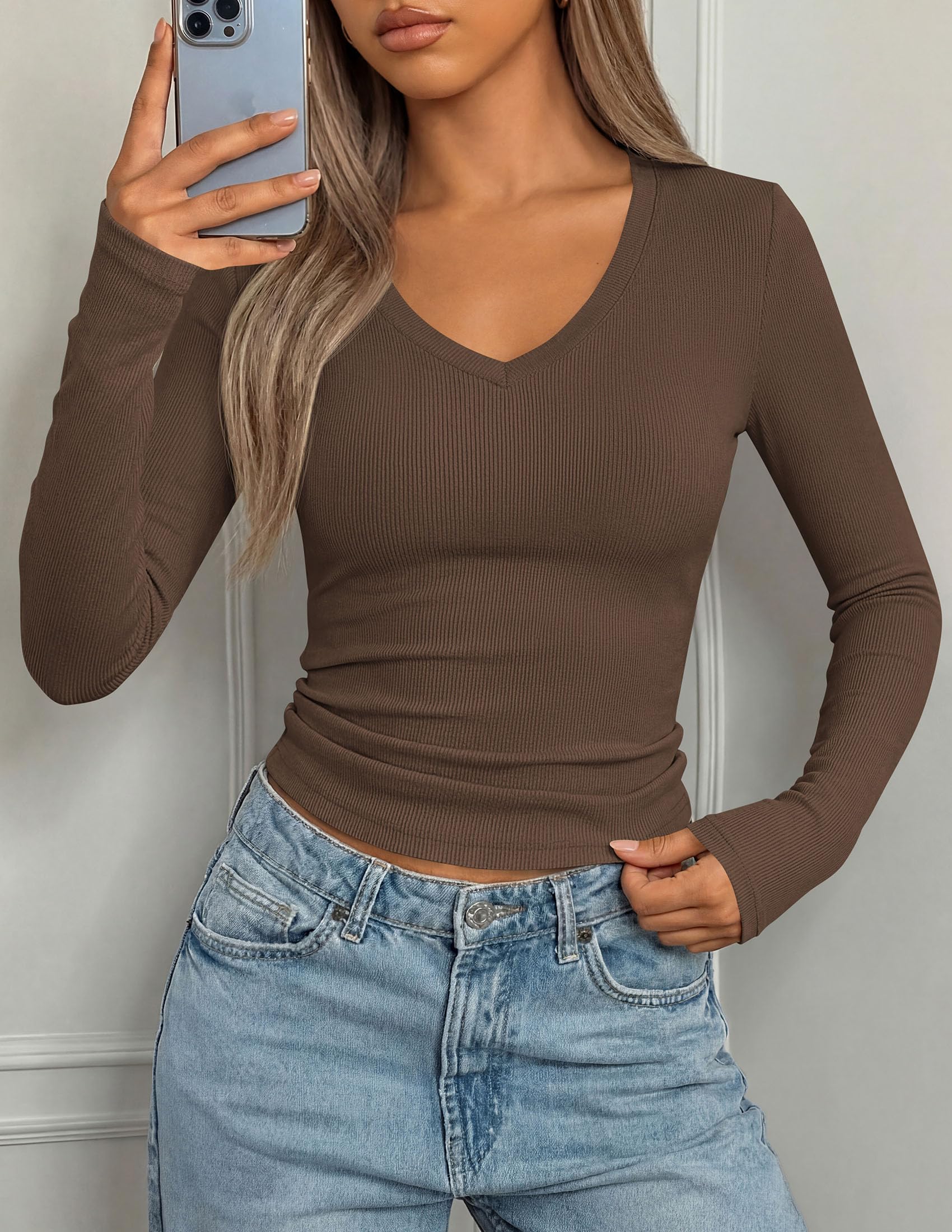 Womens Long Sleeve Ribbed V Neck Knit Shirts(Coffee,XXL)