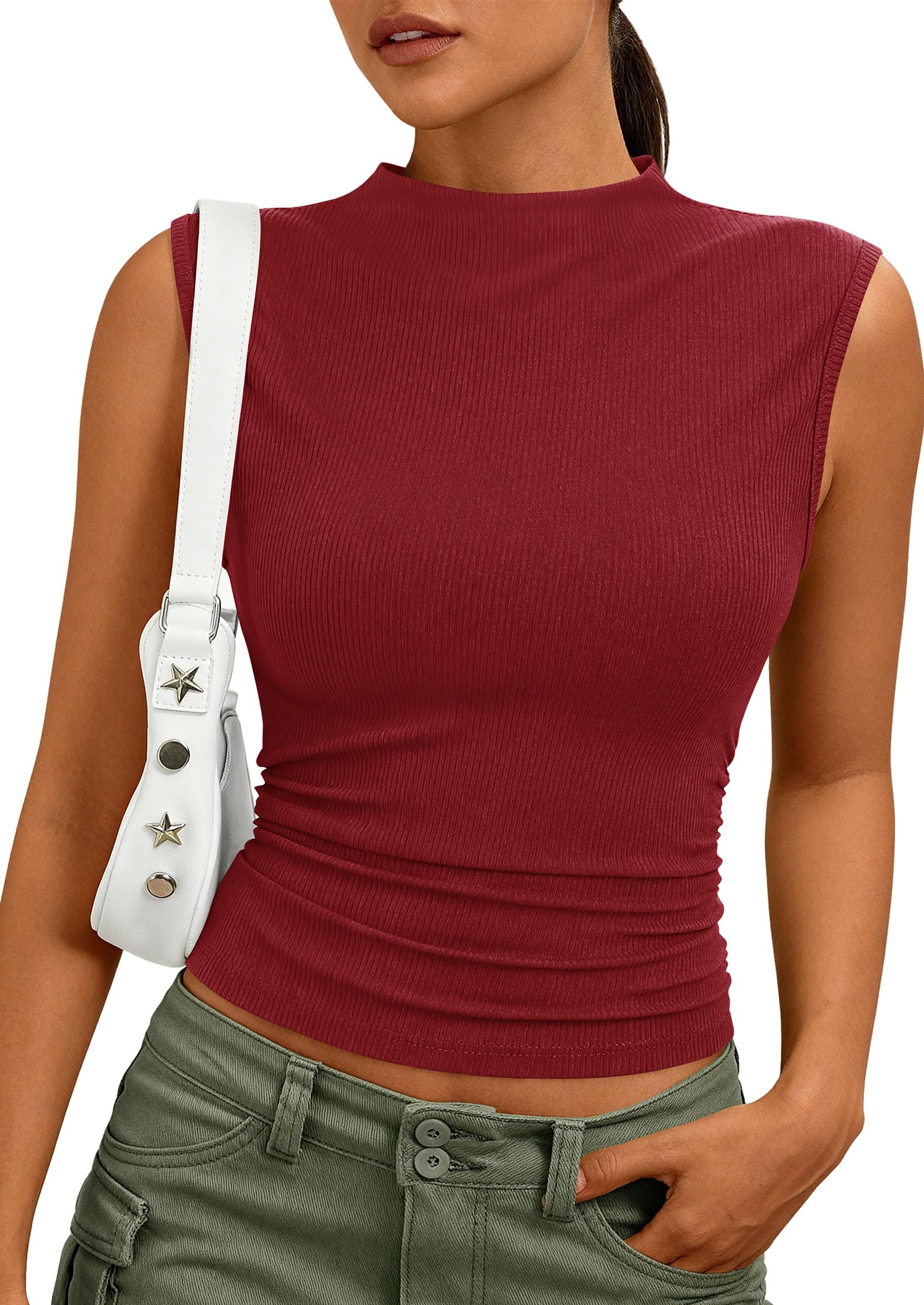 Women's Sleeveless Mock Neck Ribbed Tank Top,Red,M