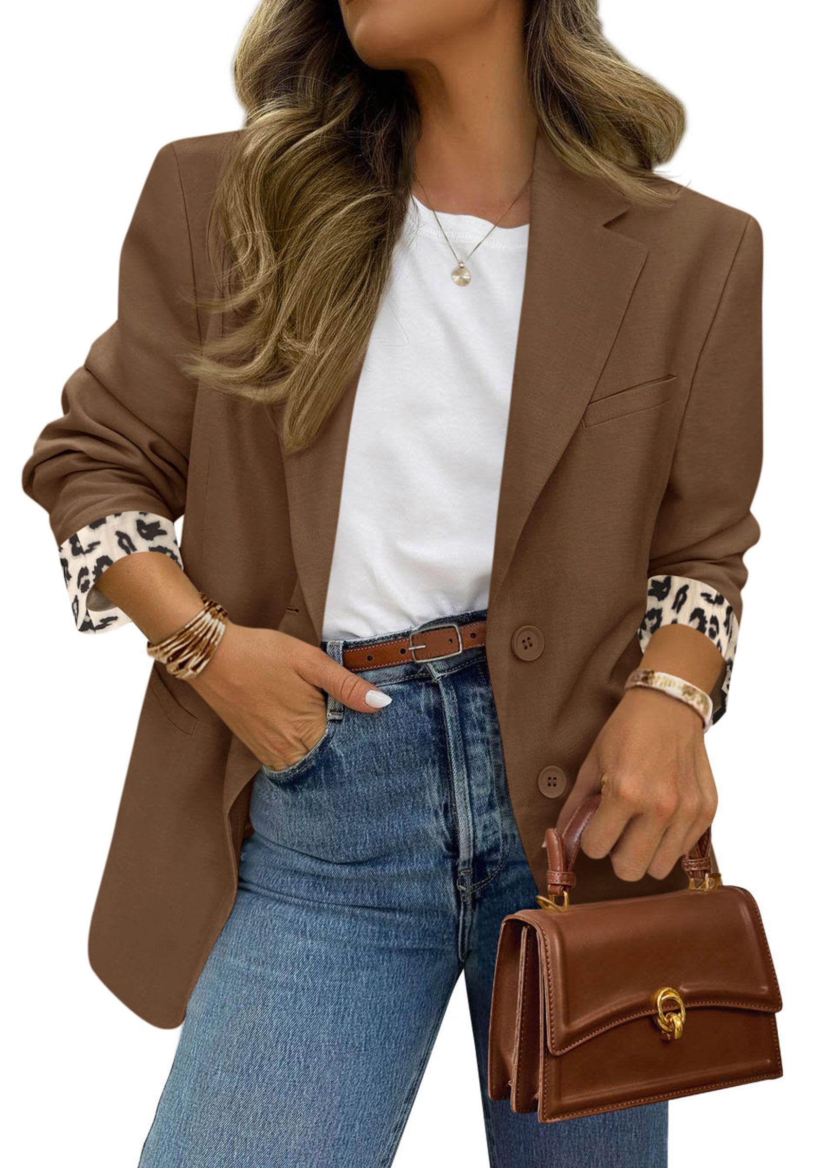 Womens Open Front Leopard Blazers Suit Jackets,Brown,S