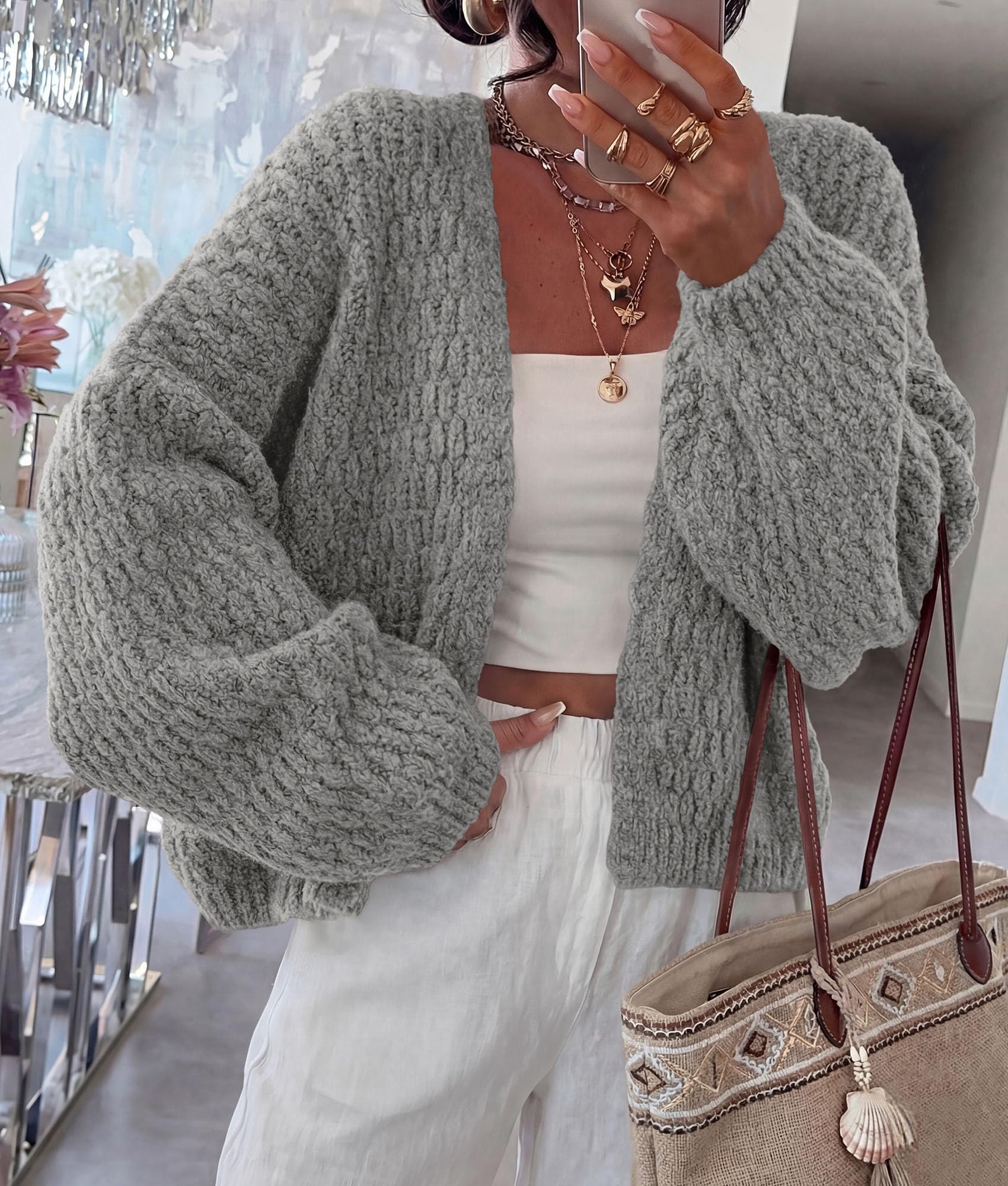 Women's Fall Cardigan Open Front Chunky Sweaters Grey S