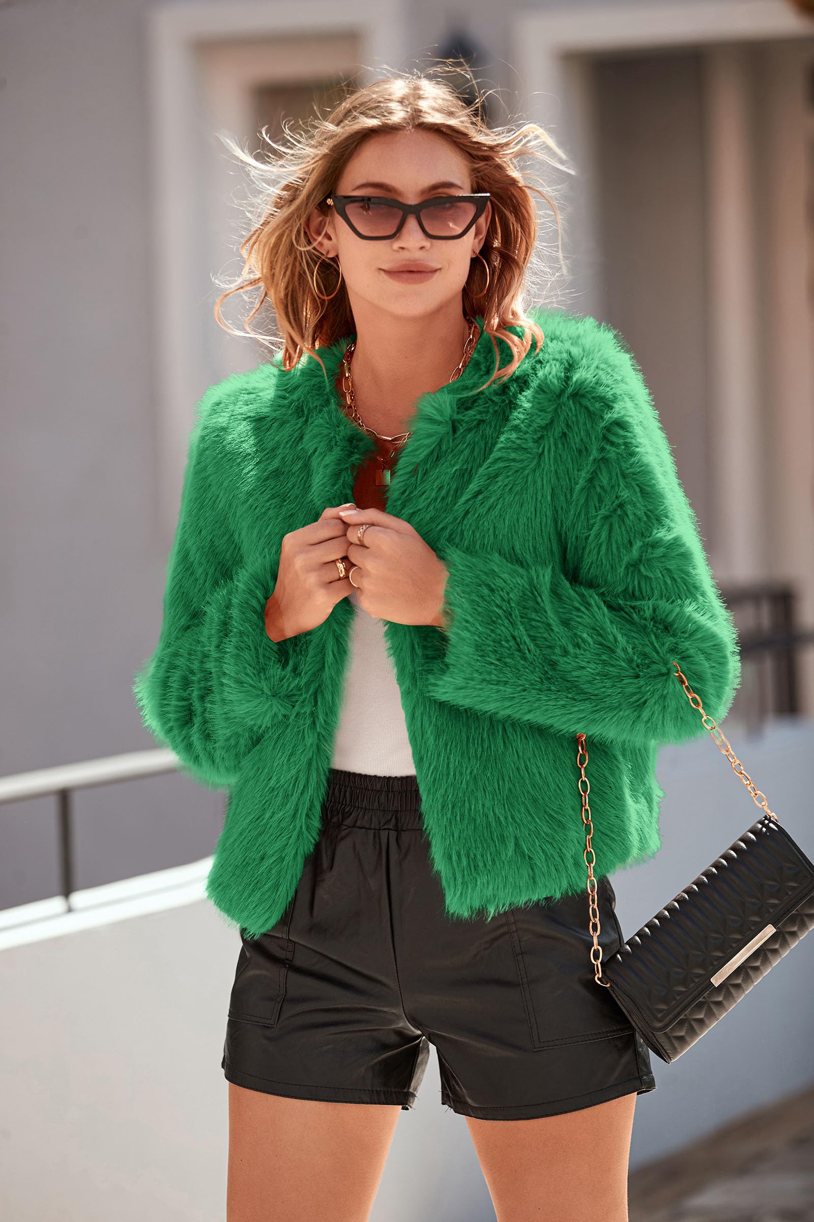 Women's Winter Cropped Faux Fur Coats(Green,Small)