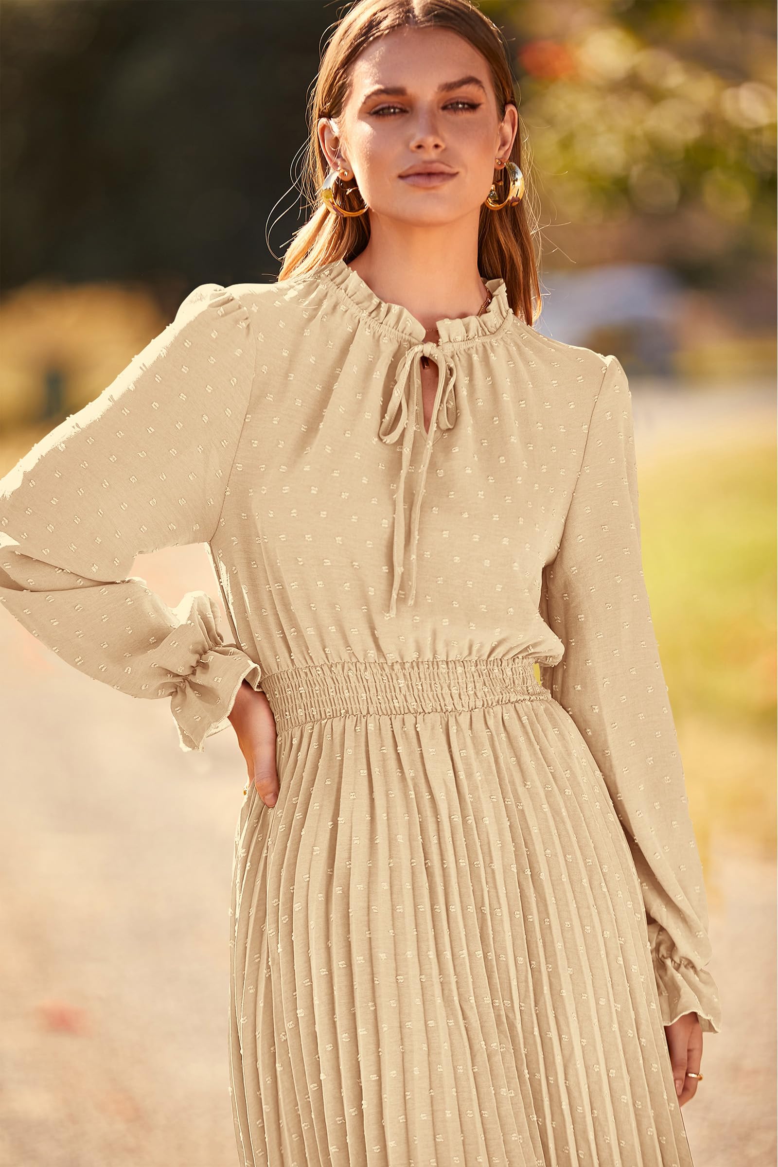 Women's Fall Midi Wedding Guest Dress(Apricot,Small)