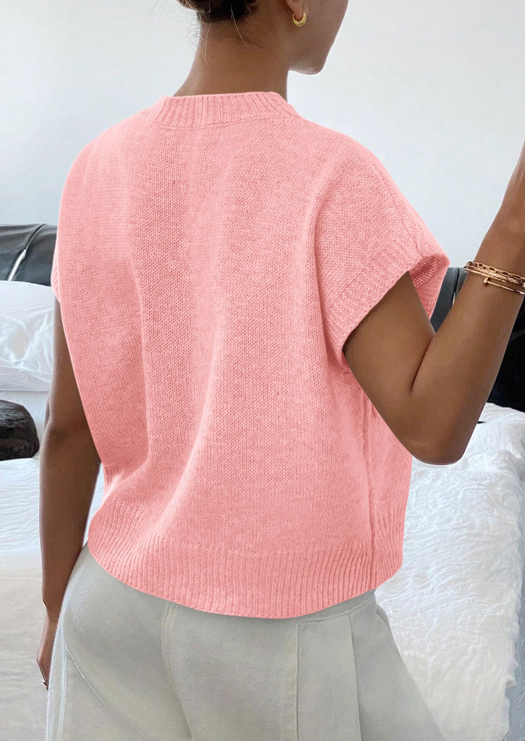 Women's Summer Short Cap Sleeve Sweater Vest (Pink,S)