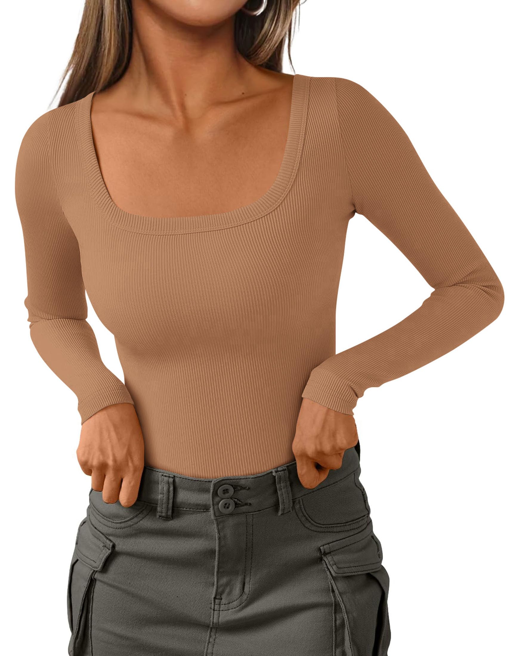 Square Neck Long Sleeve Shirts for Women Light Camel,XS