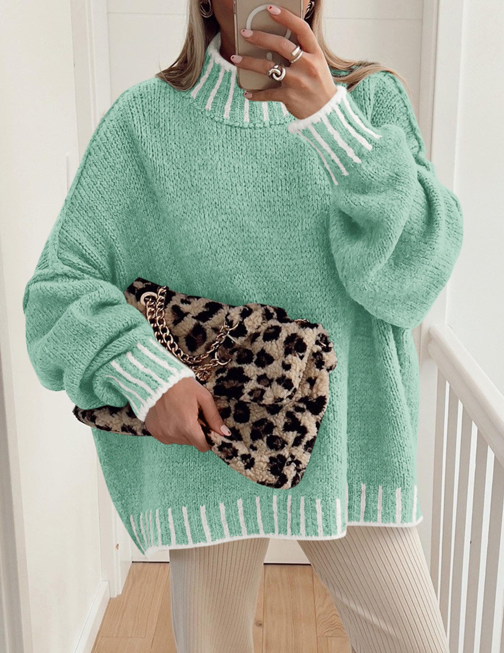 Women's Mock Neck Oversized Pullover Sweaters,Light Green,XS