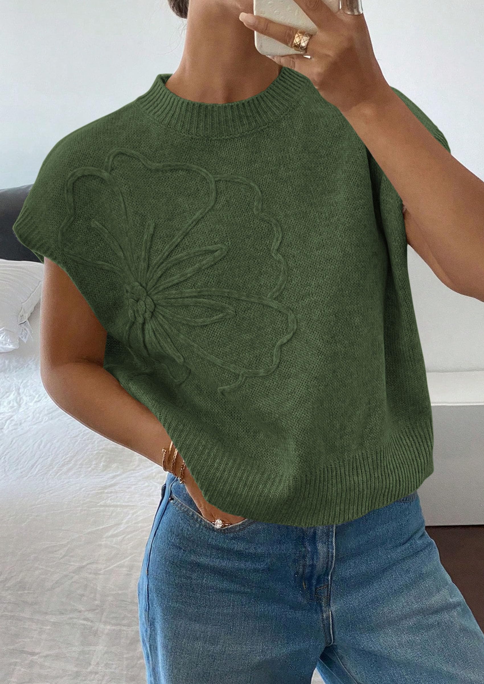 Women's Summer Short Cap Sleeve Sweater Vest (Army Green,S)