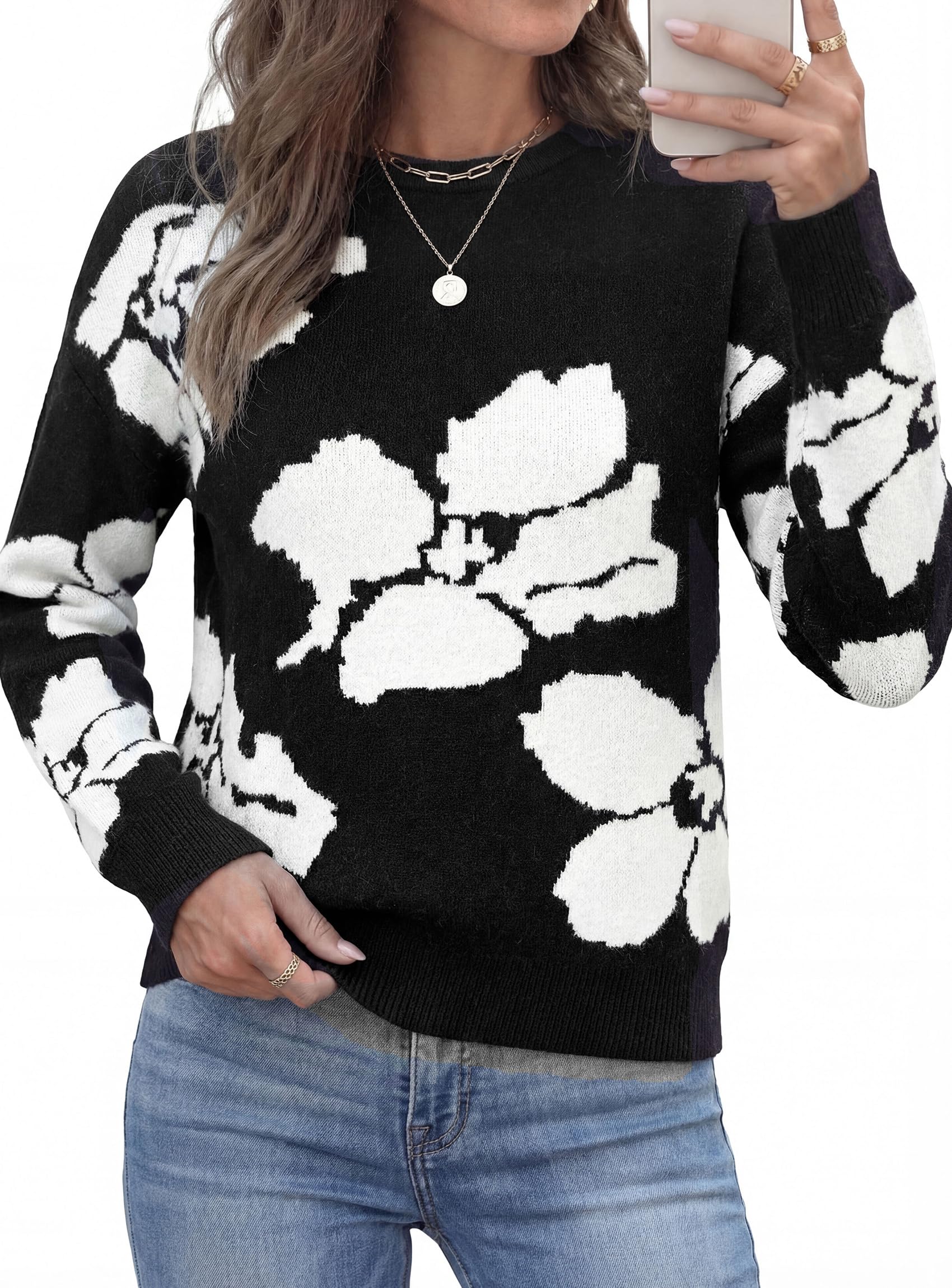 Womens Floral Sweater Crewneck Printed Pullover Tops Black