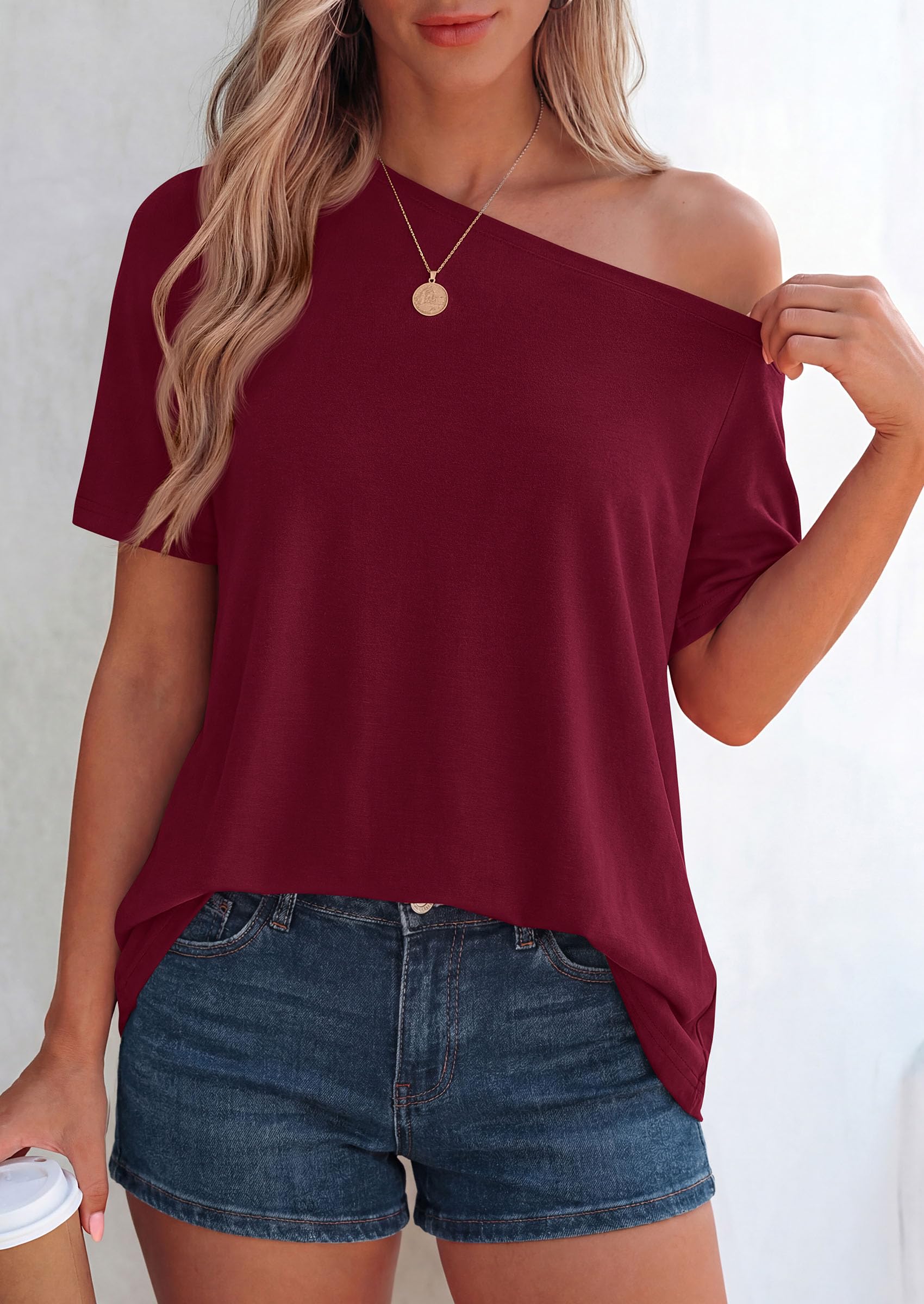 Off Shoulder Tops for Women Oversized Tshirts, Burgundy,S