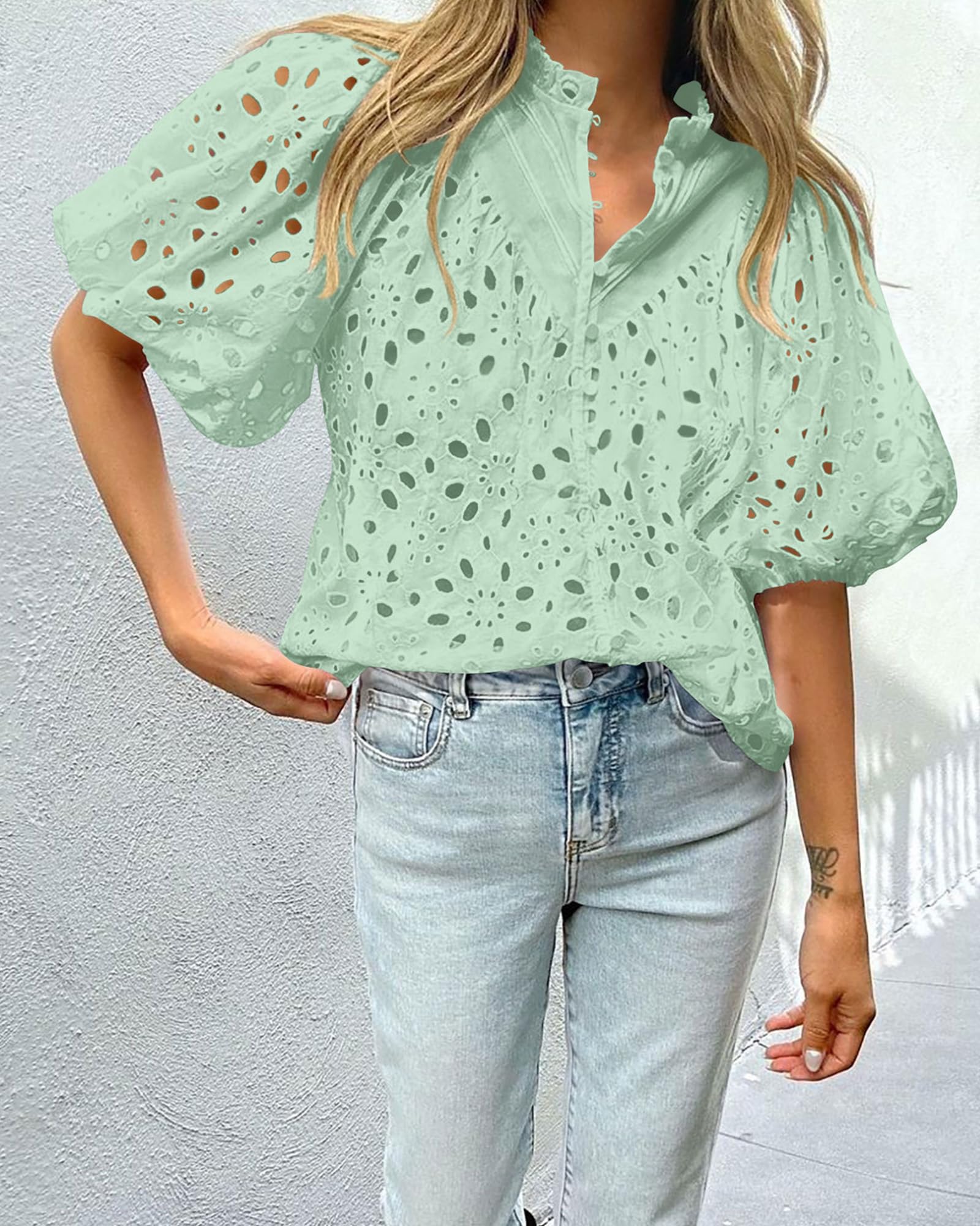 Womens Tops Boho Eyelet Puff Sleeve Blouse, Light Green,S