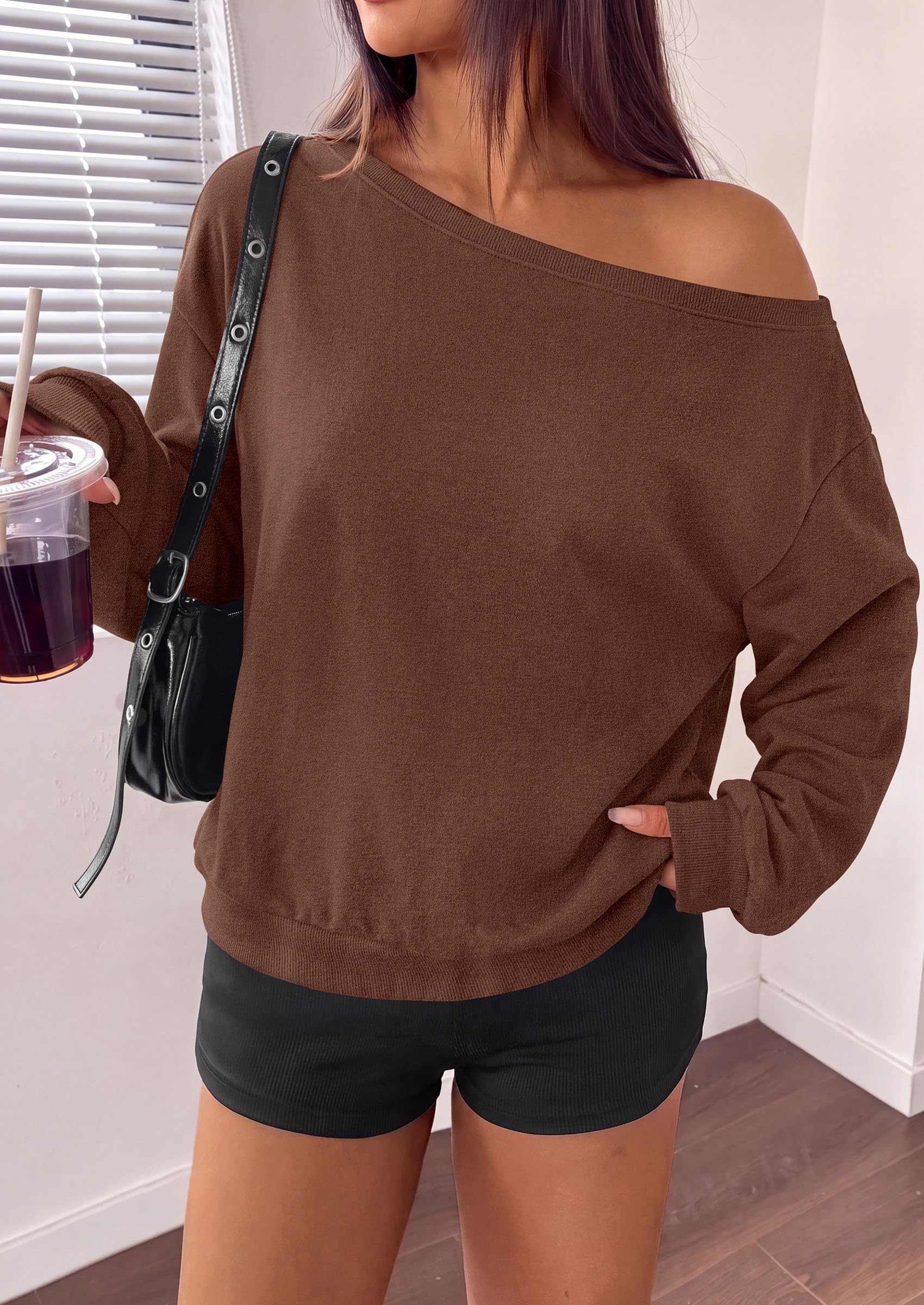 Womens Off The Shoulder Sweatshirt Fall Long Sleeve Tops Brown