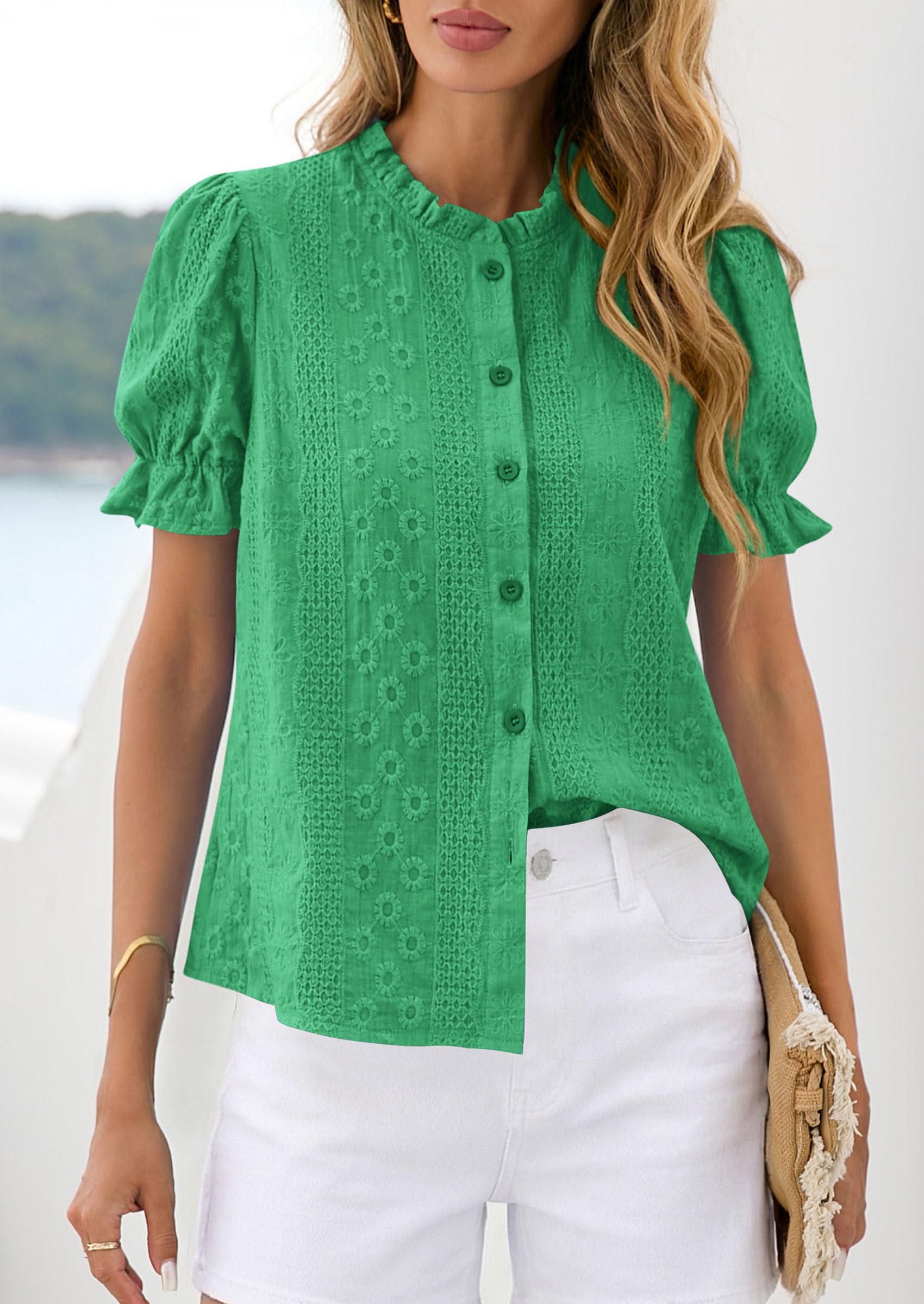 Womens Embroidered Puff Short Sleeve Tops,Green,S