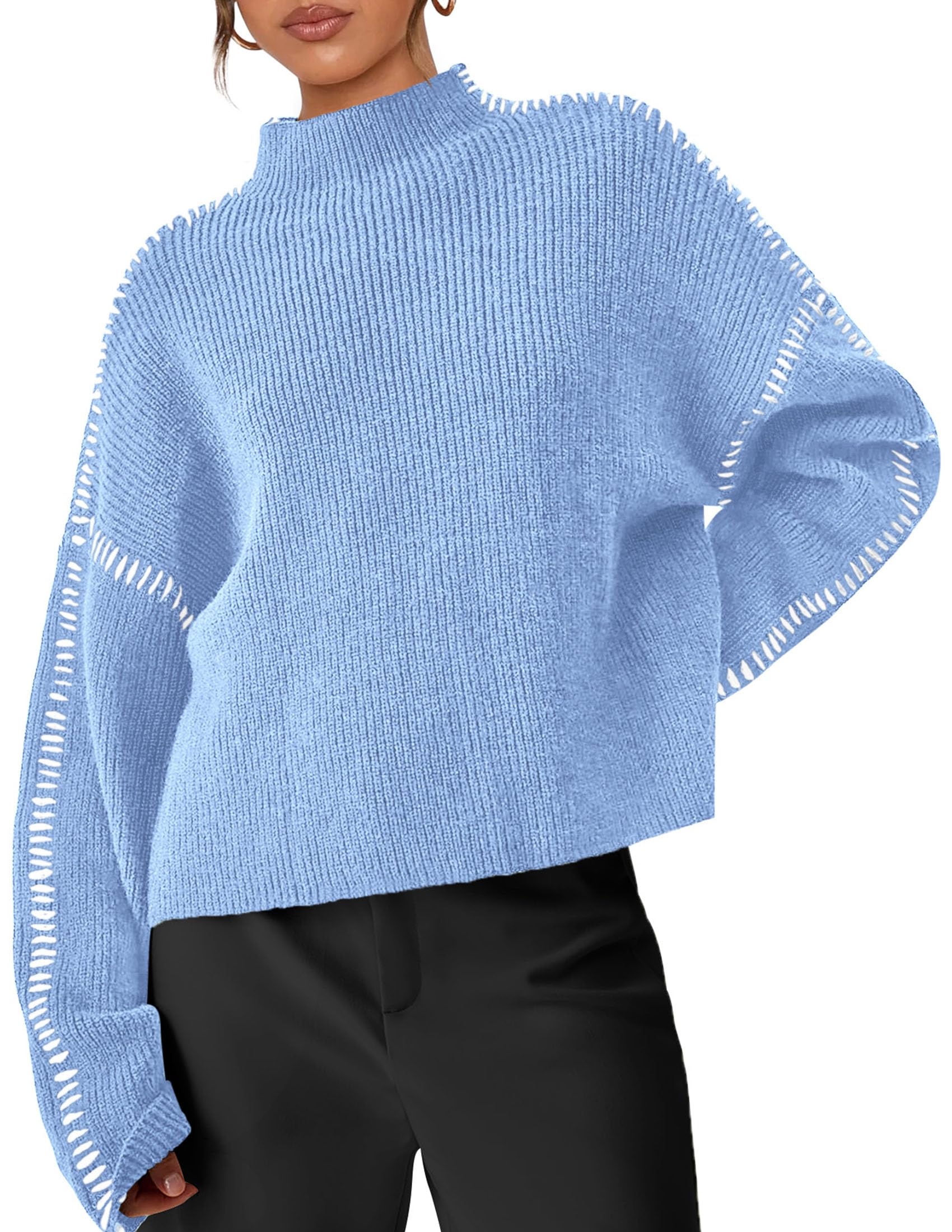 Womens Chunky Knit Oversized Pullover Sweaters,Light Blue,S