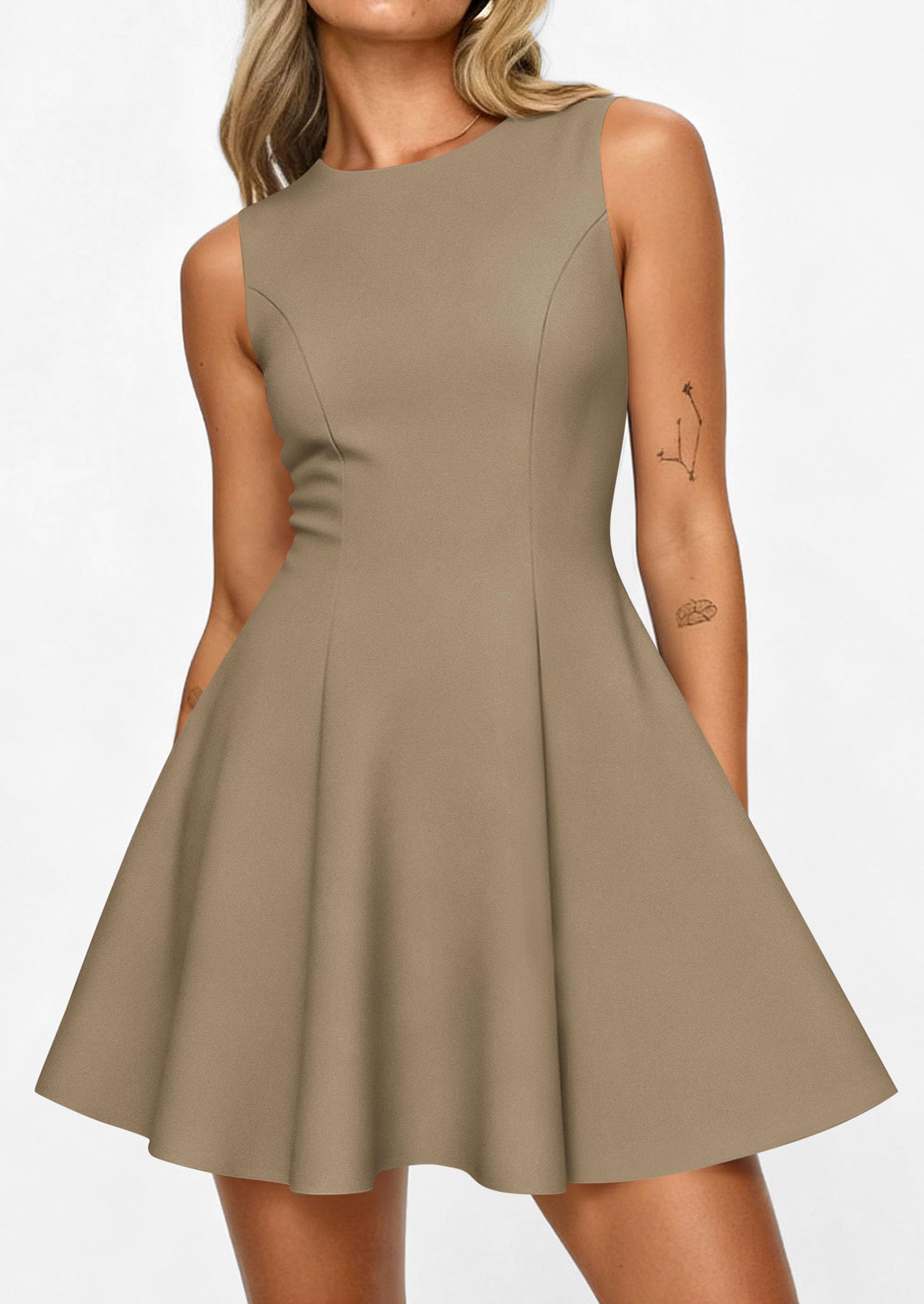 Women's Formal Boat Neck A Line Mini Dress,Khaki,XS