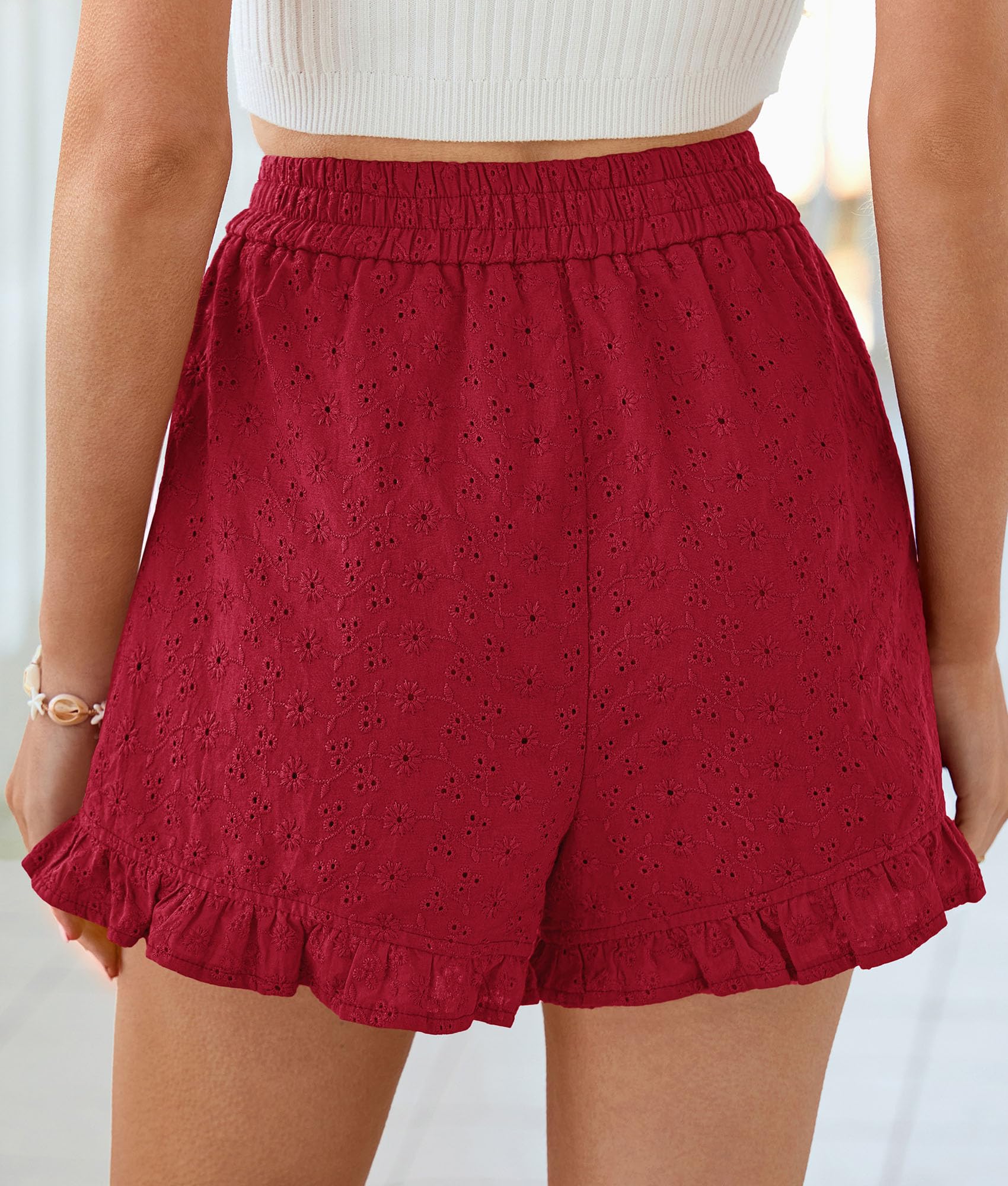 Womens Summer Ruffle Shorts Casual Loose Fit Red,S