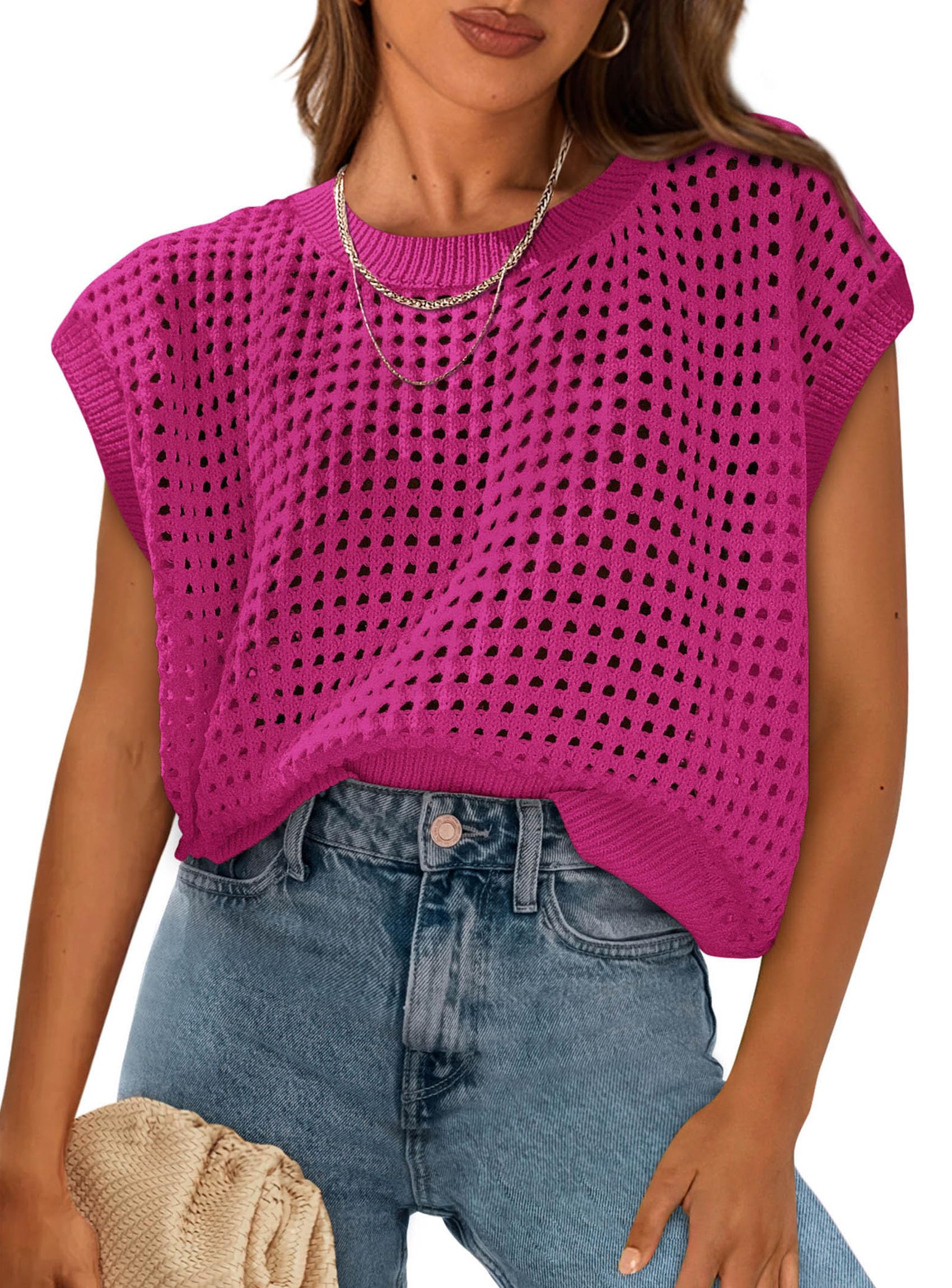 Women's Summer Crochet Cap Sleeve Sweater Tops,Rose Red,S