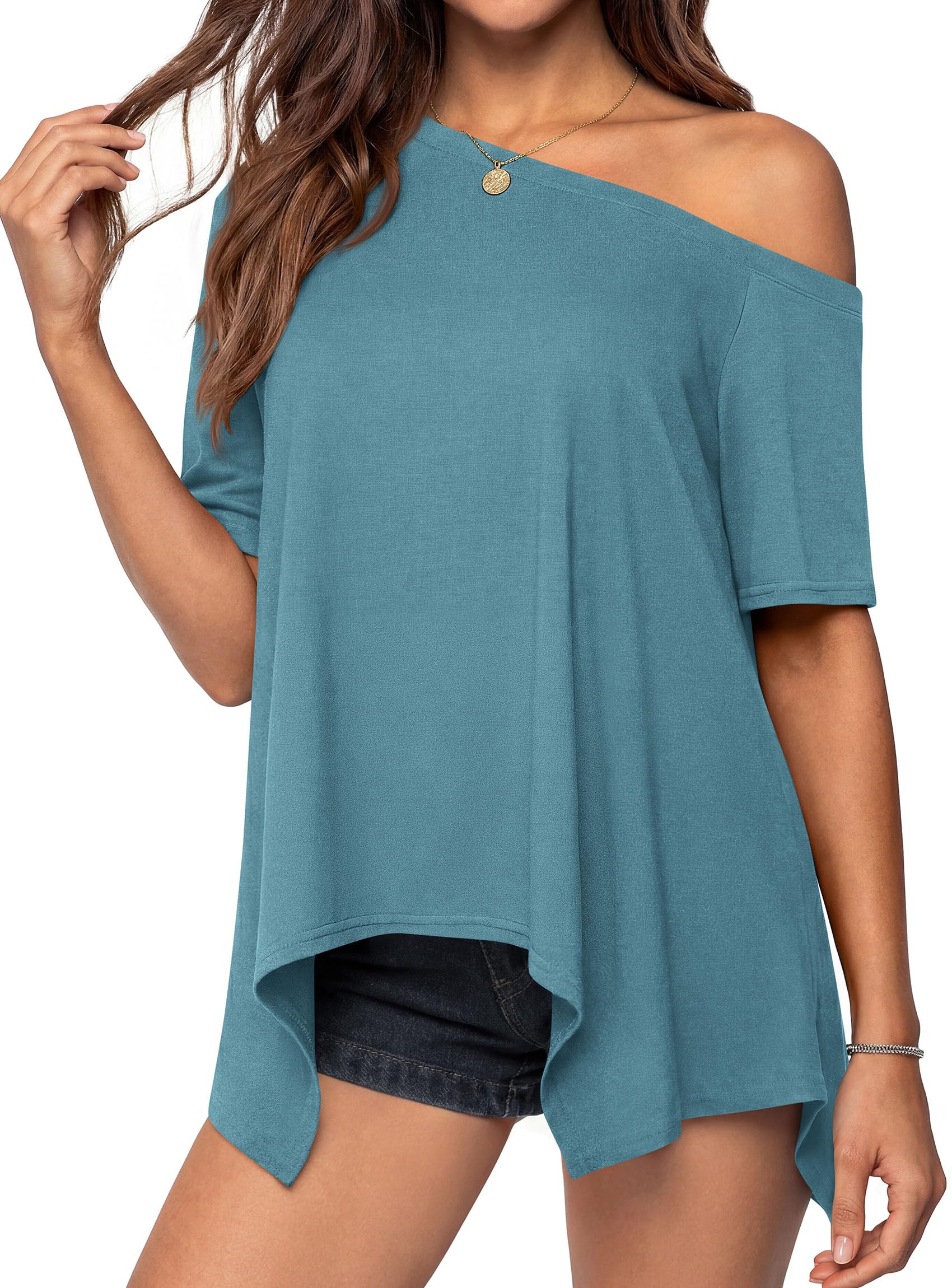 Off Shoulder Tops for Women Oversized Tshirts, Blue Green,S