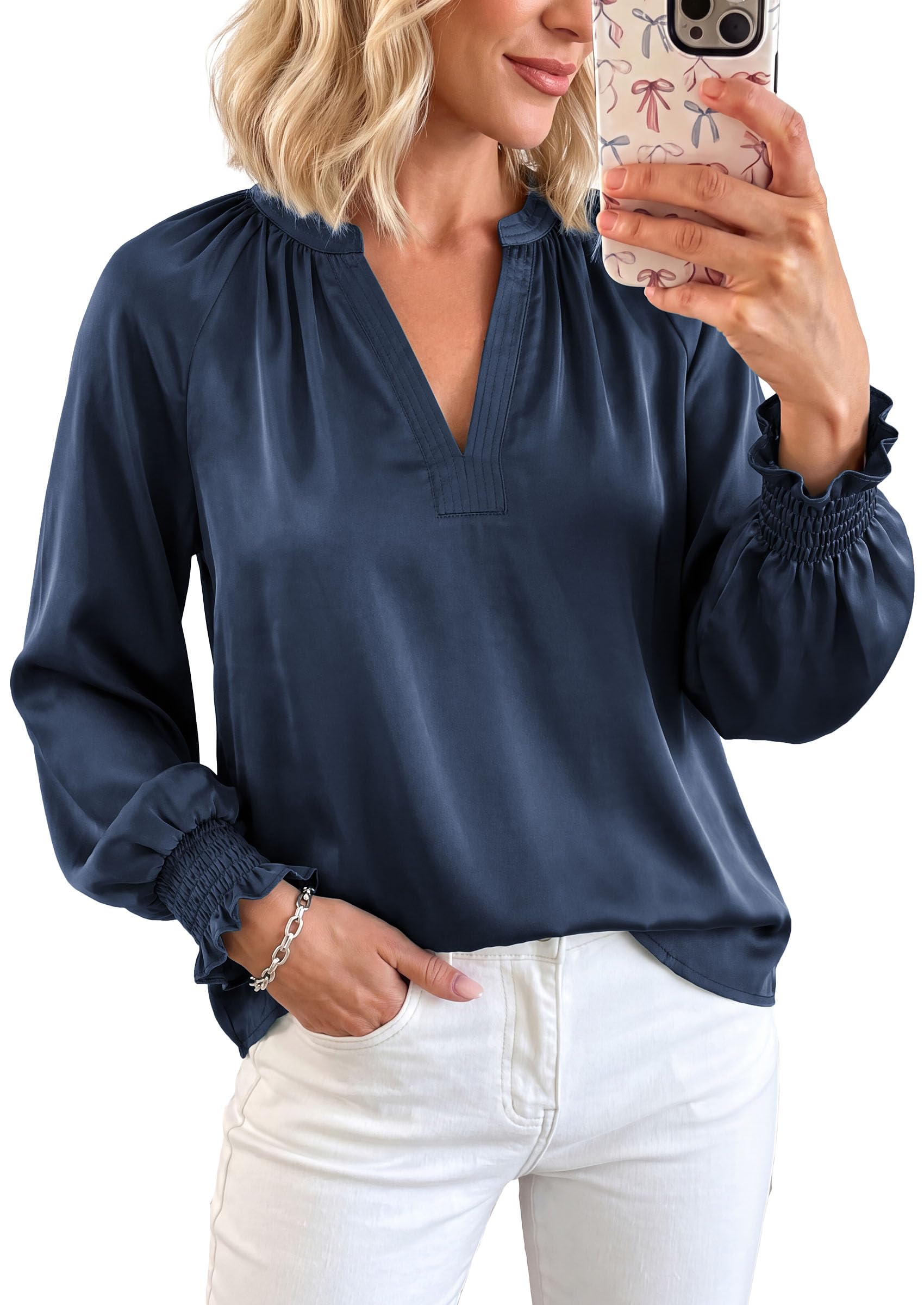 Women's Satin Blouses V Neck Long Sleeve Tops,Navy Blue,S