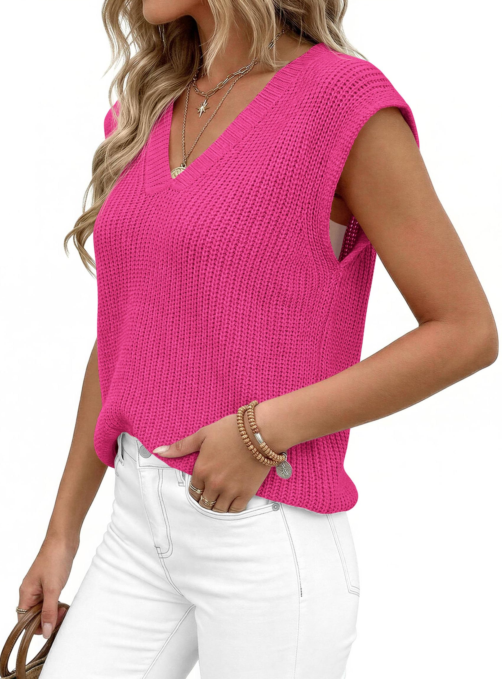 Women's Cap Sleeve Sweaters Vest Summer Tops (Rose Red,S)