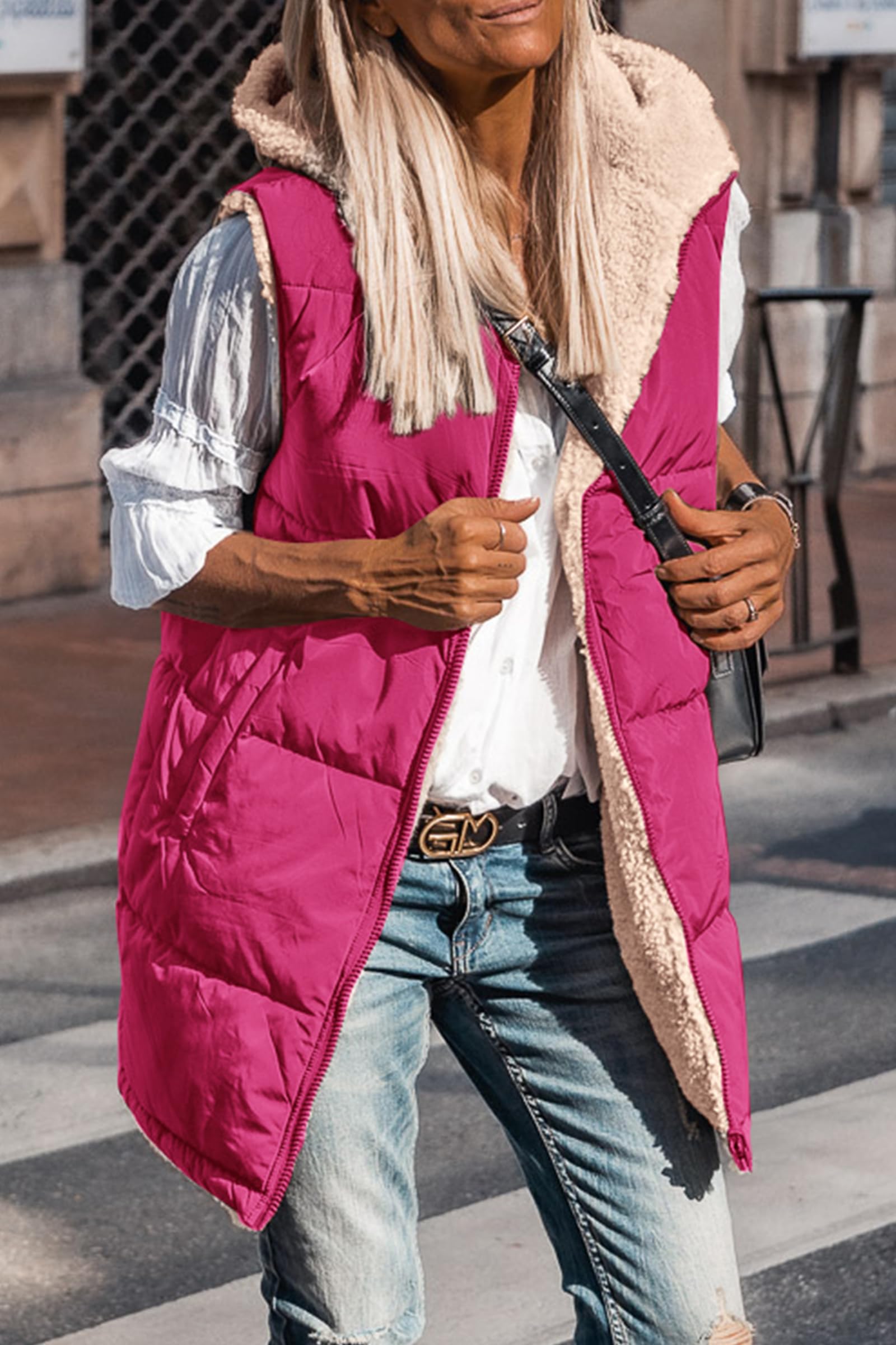 Women's Winter Reversible Fleece Long Vests(Rose Red,S)