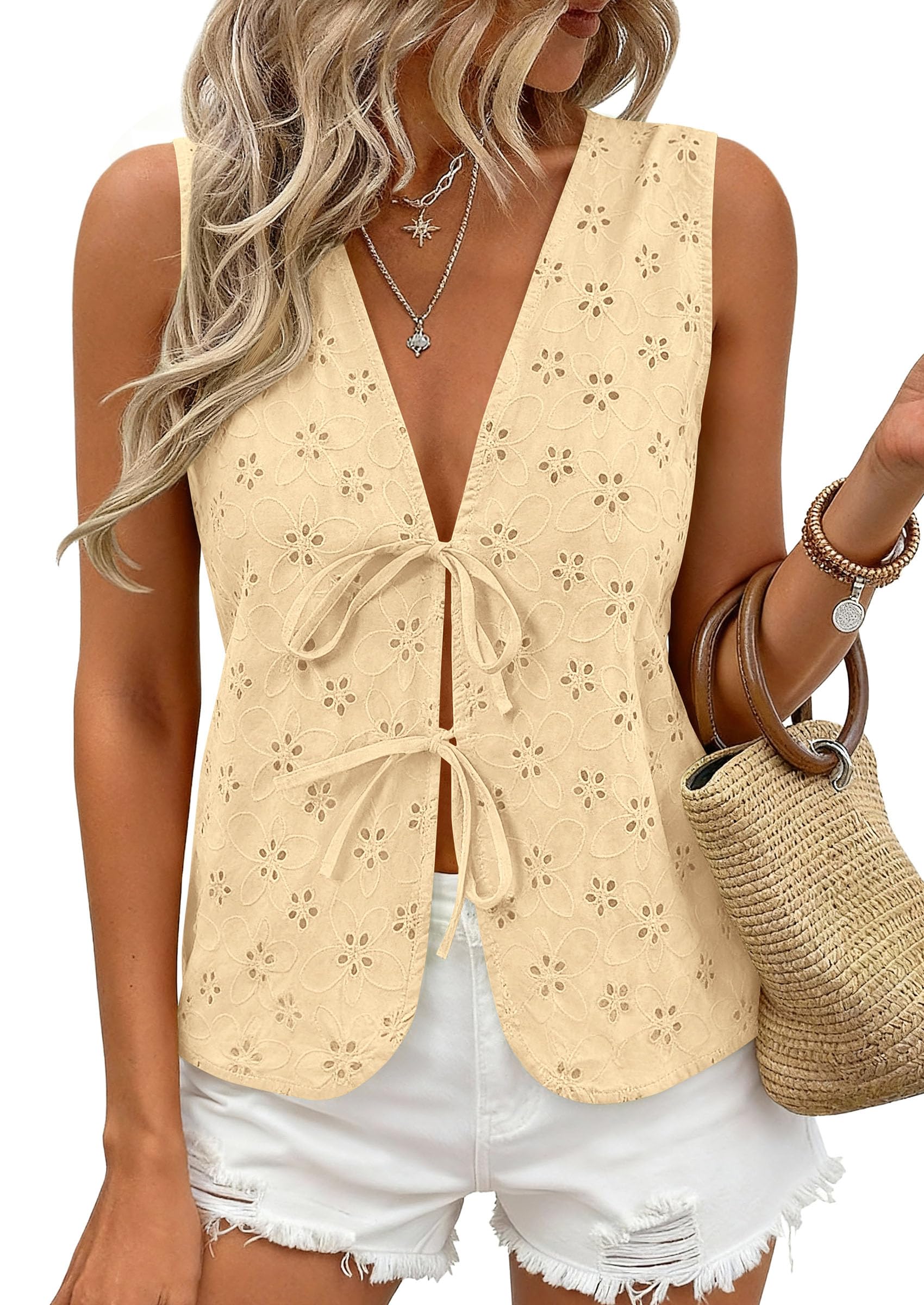 Women's Summer Eyelet Lace Tie Front Vest Tops Beige Yellow,S