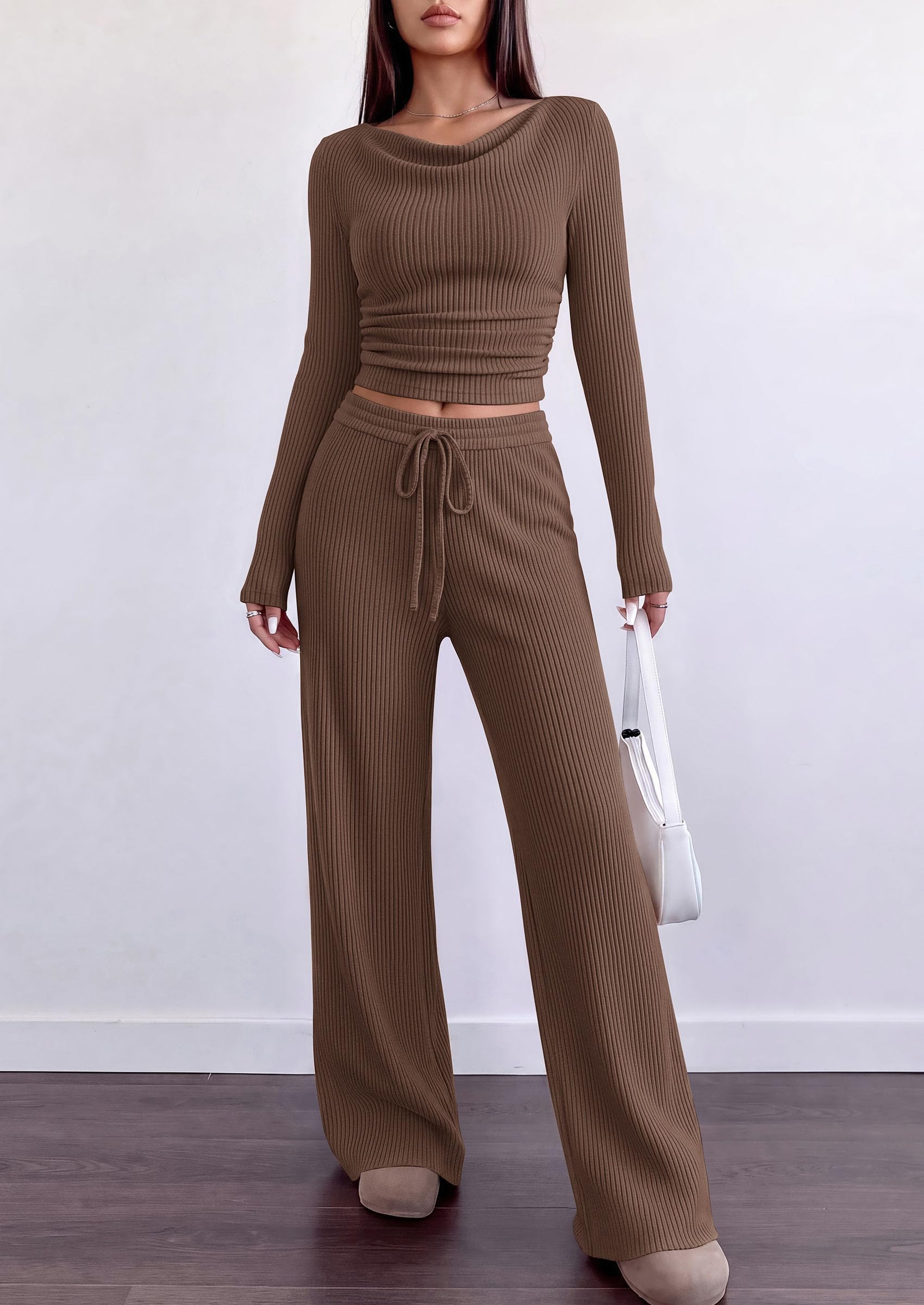 Matching Sets Women Clothing Fall Ribbed 2 Piece Lounge Set
