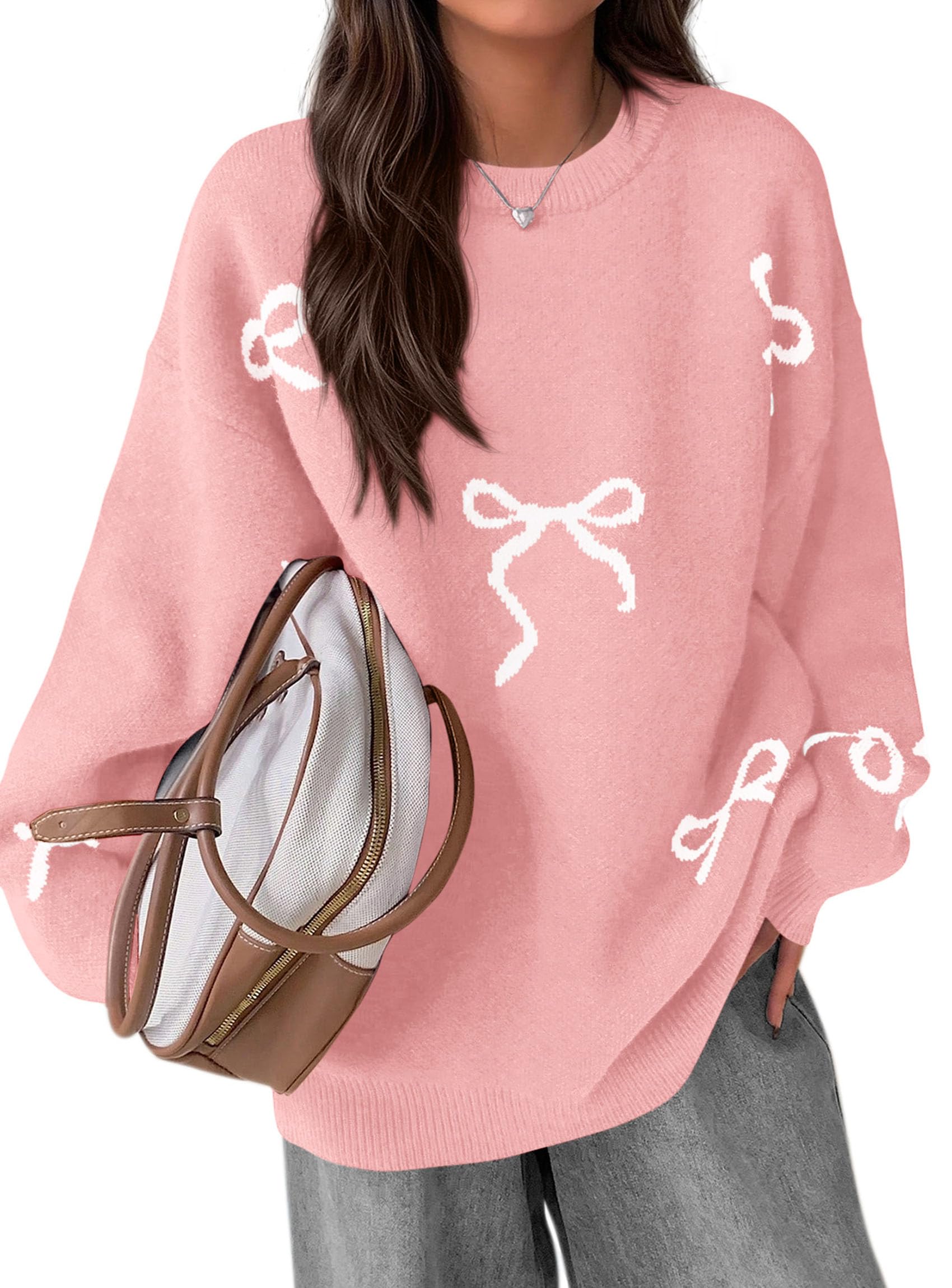 Fall Long Sleeve Pullover Sweaters for Women 2026 Trendy Crewneck Casual Cute Bow Chunky Knit Oversized Sweater (Light Pink,Large)