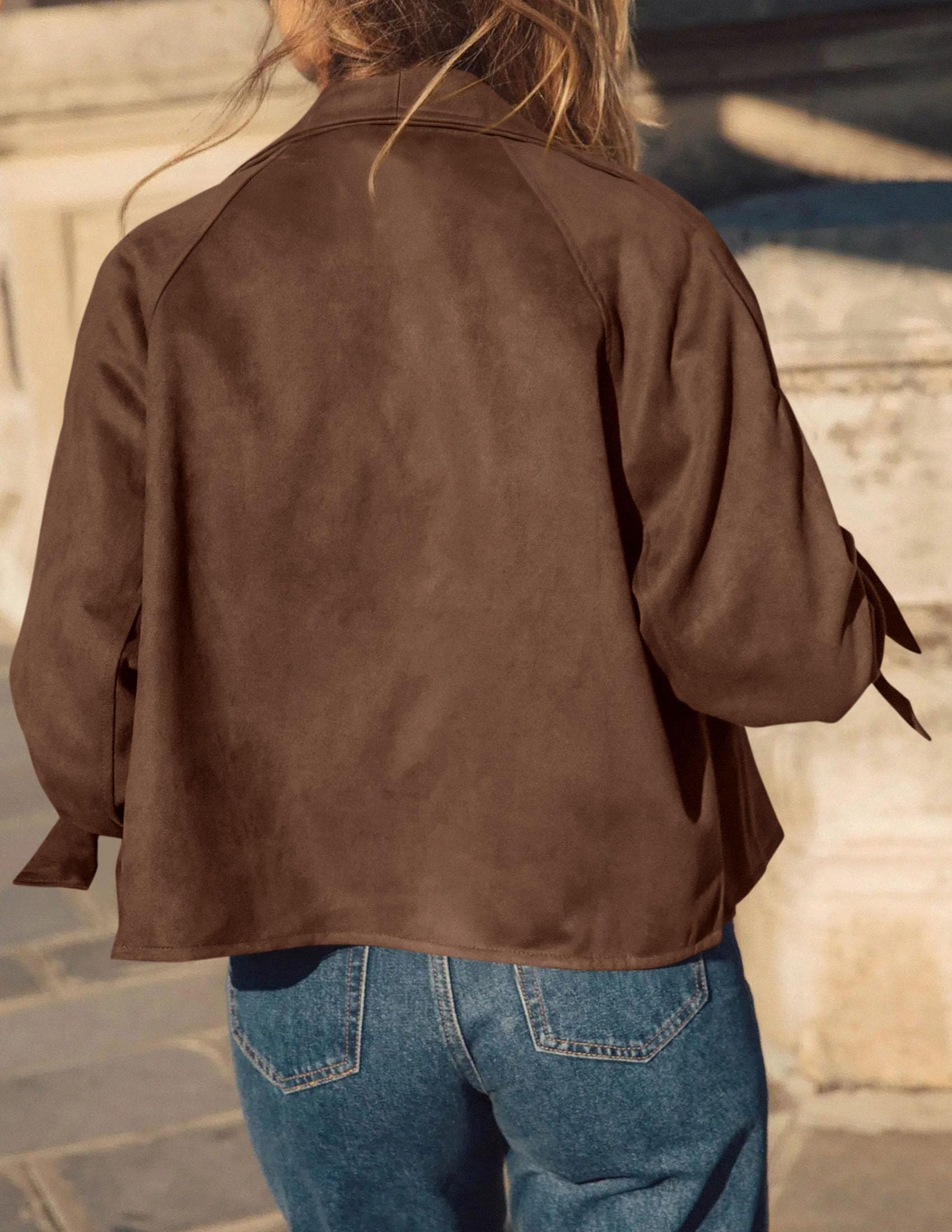 Women Faux Suede Double Breasted Trench Coat Cropped Jackets