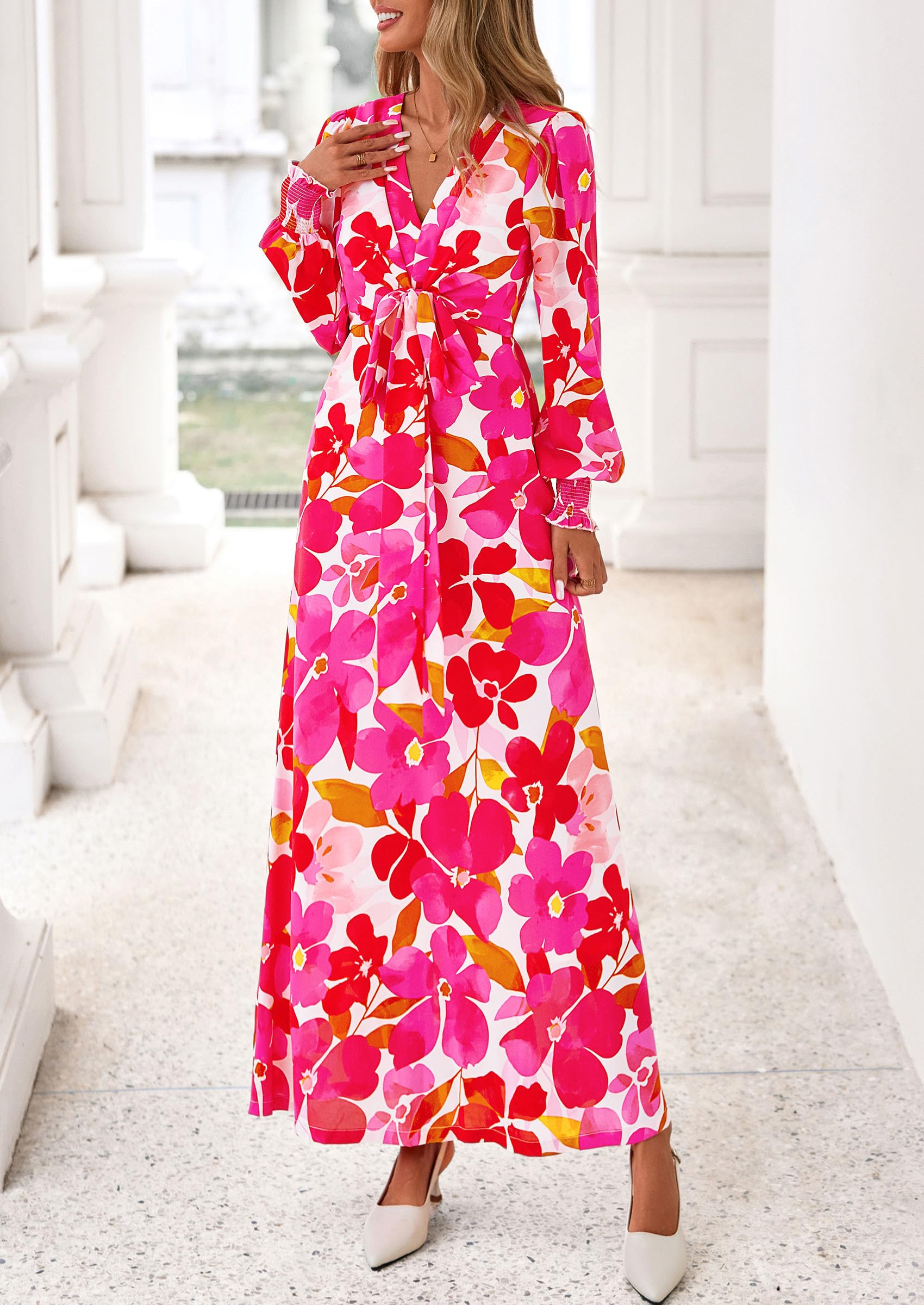 Women's Tie Waist Floral Maxi Dress,Floral White Rose Red,S