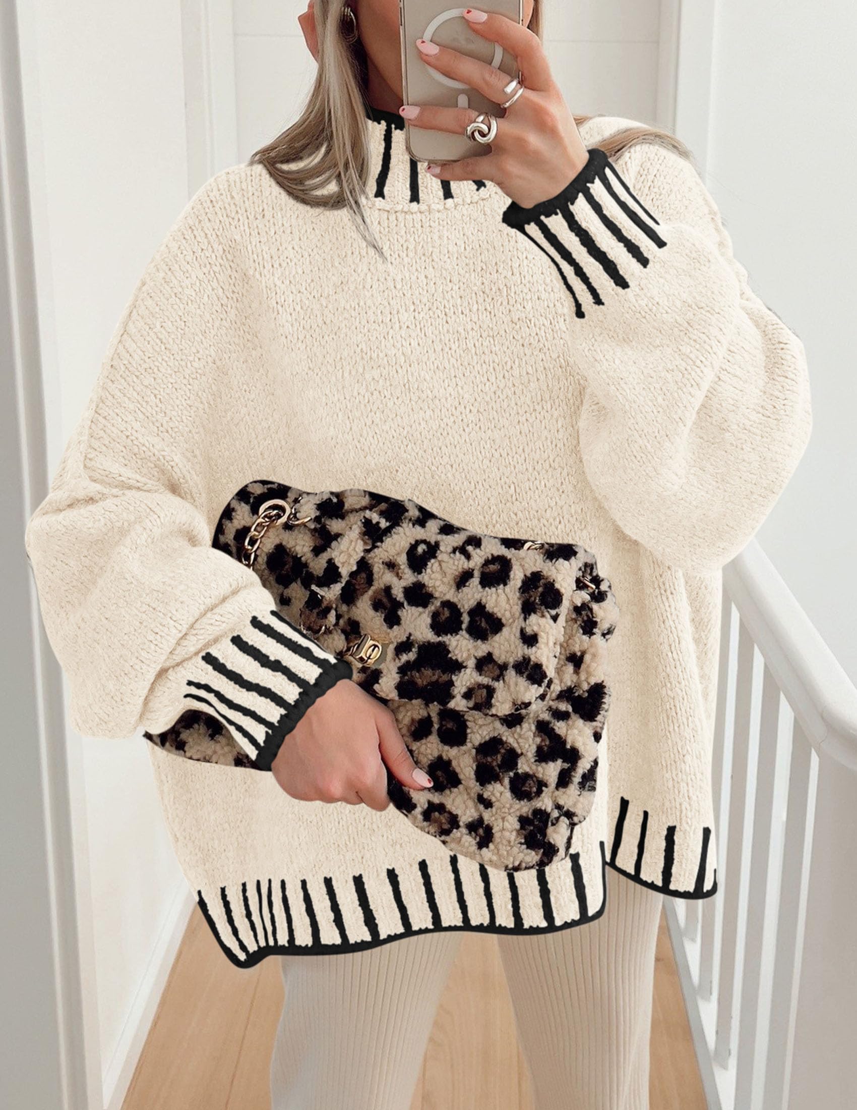 Women's Mock Neck Oversized Pullover Sweaters,White,M